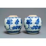 A pair of Chinese blue and white jars with floral design, Kangxi