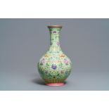 A Chinese famille rose lime green-ground vase, Qianlong mark, Republic