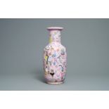 A Chinese famille rose pink-ground rouleau vase, 19th C.