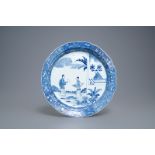 A large Chinese blue and white 'Romance of the Western chamber' dish, Qianlong