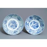 A pair of large Chinese blue and white kraak porcelain bowls, Wanli