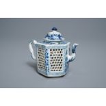 A rare Chinese blue and white double-walled reticulated octagonal teapot, Kangxi