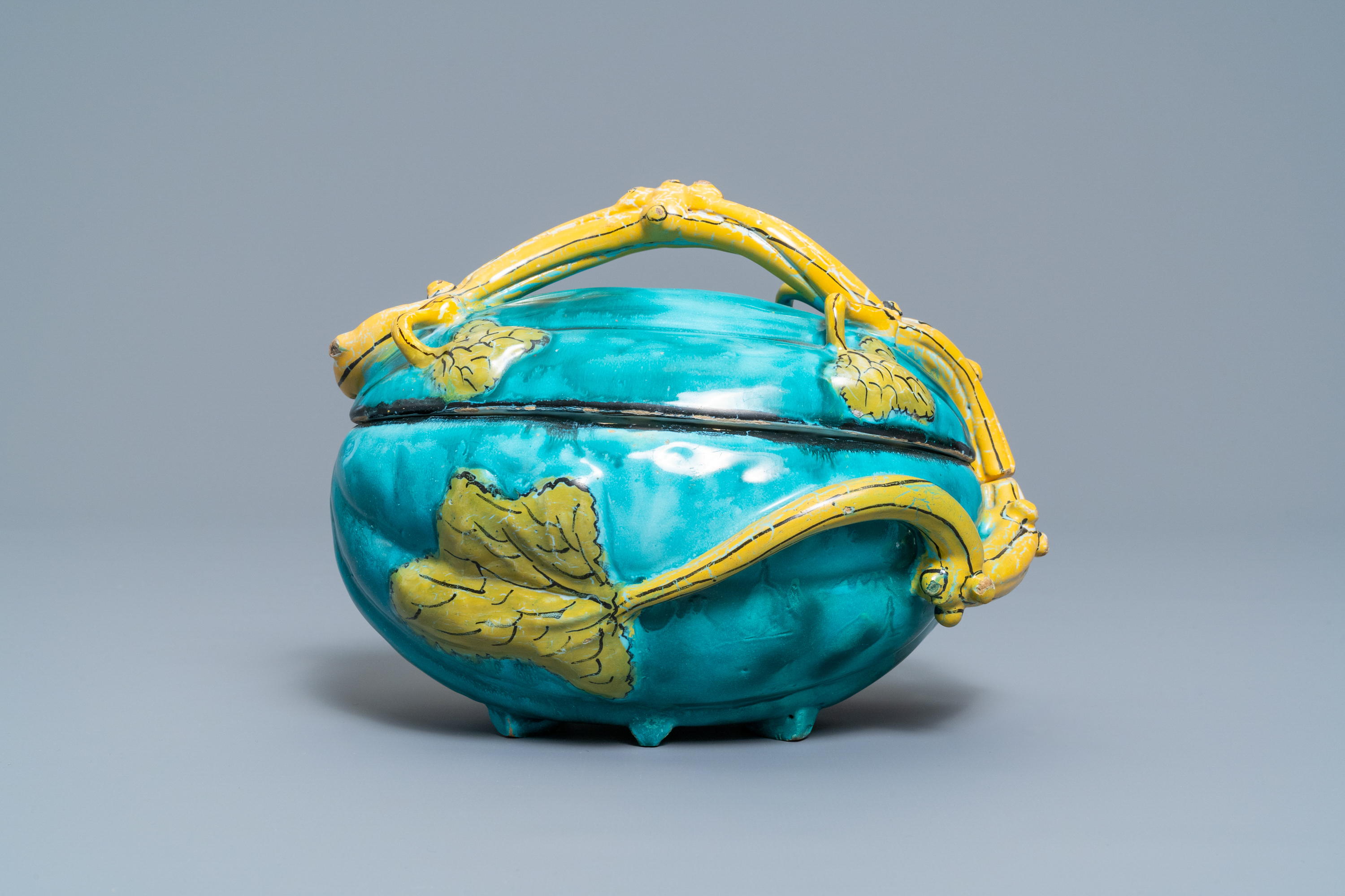 A polychrome Brussels faience melon-shaped tureen and cover, 18th C. - Image 2 of 7