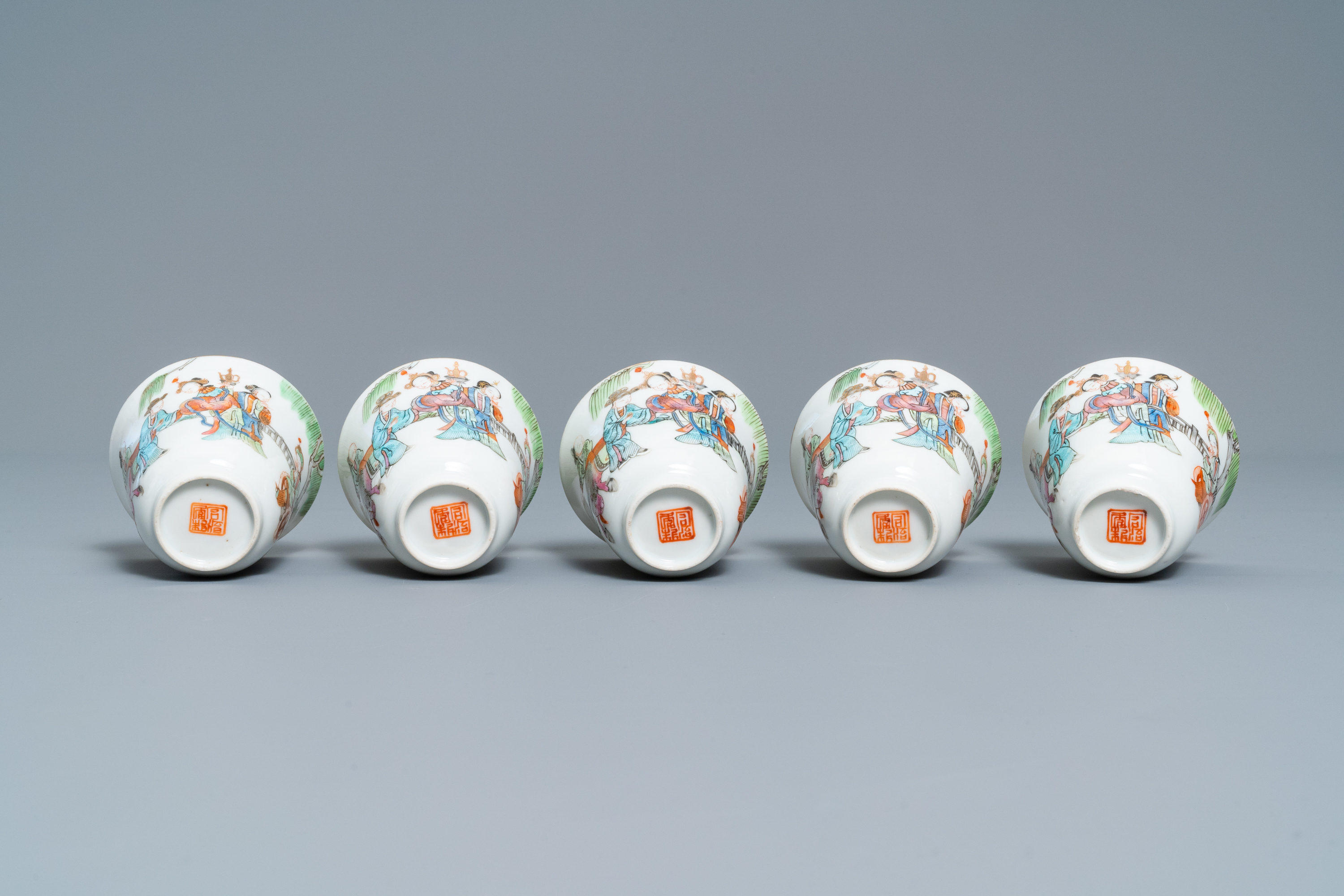 Five Chinese famille rose cups and saucers, Tongzhi mark and of the period - Image 11 of 11