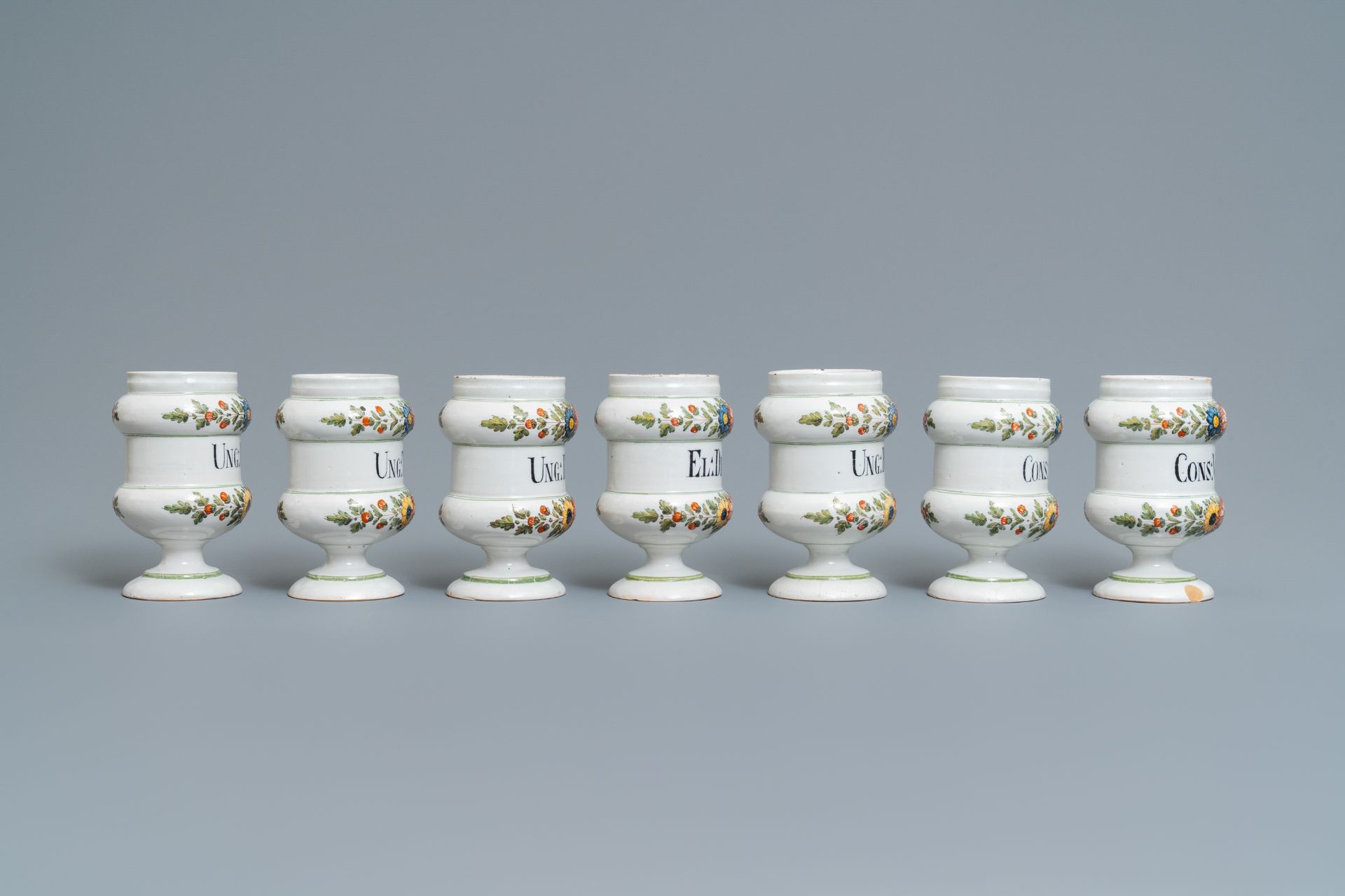 Twelve polychrome Italian pharmacy jars, Antonibon, Nove di Bassano, second half 18th C. - Image 3 of 19