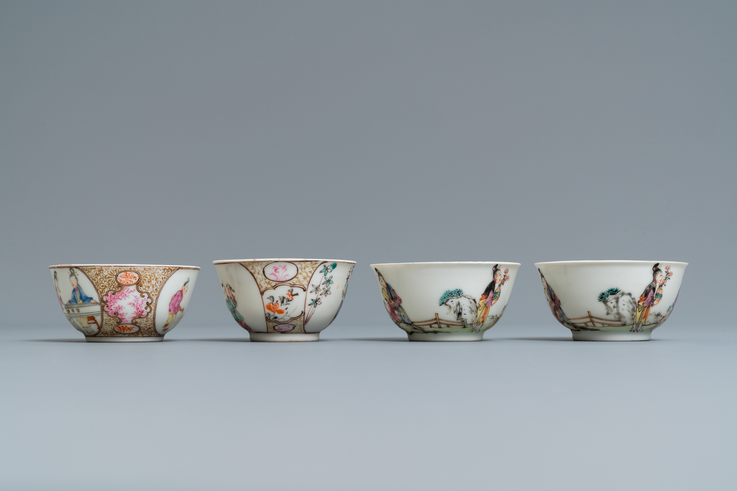 Four Chinese famille rose 'Mandarin' cups and saucers, Qianlong - Image 7 of 9