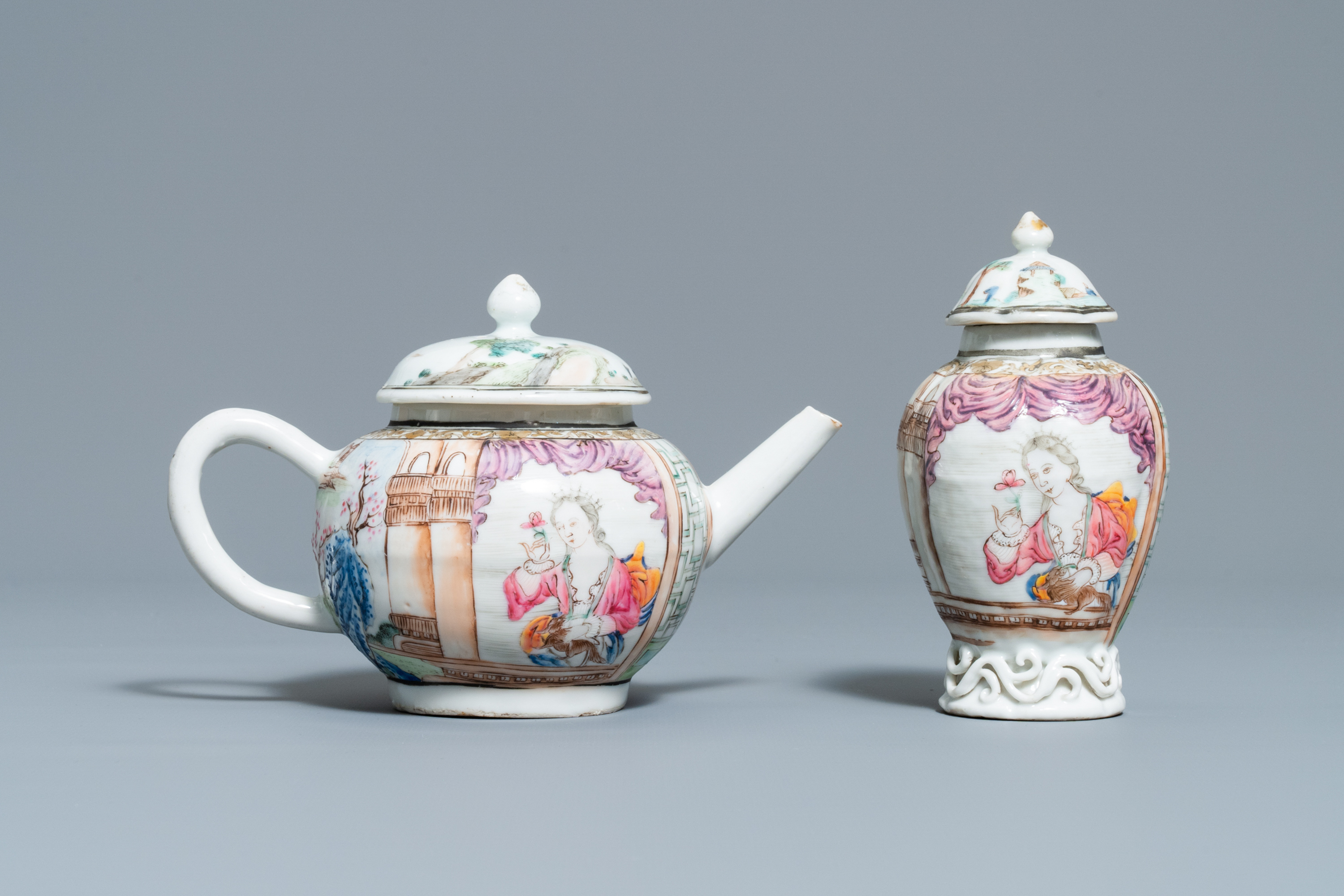 A Chinese famille rose teapot and caddy with a lady holding a small dog, Yongzheng/Qianlong - Image 2 of 7