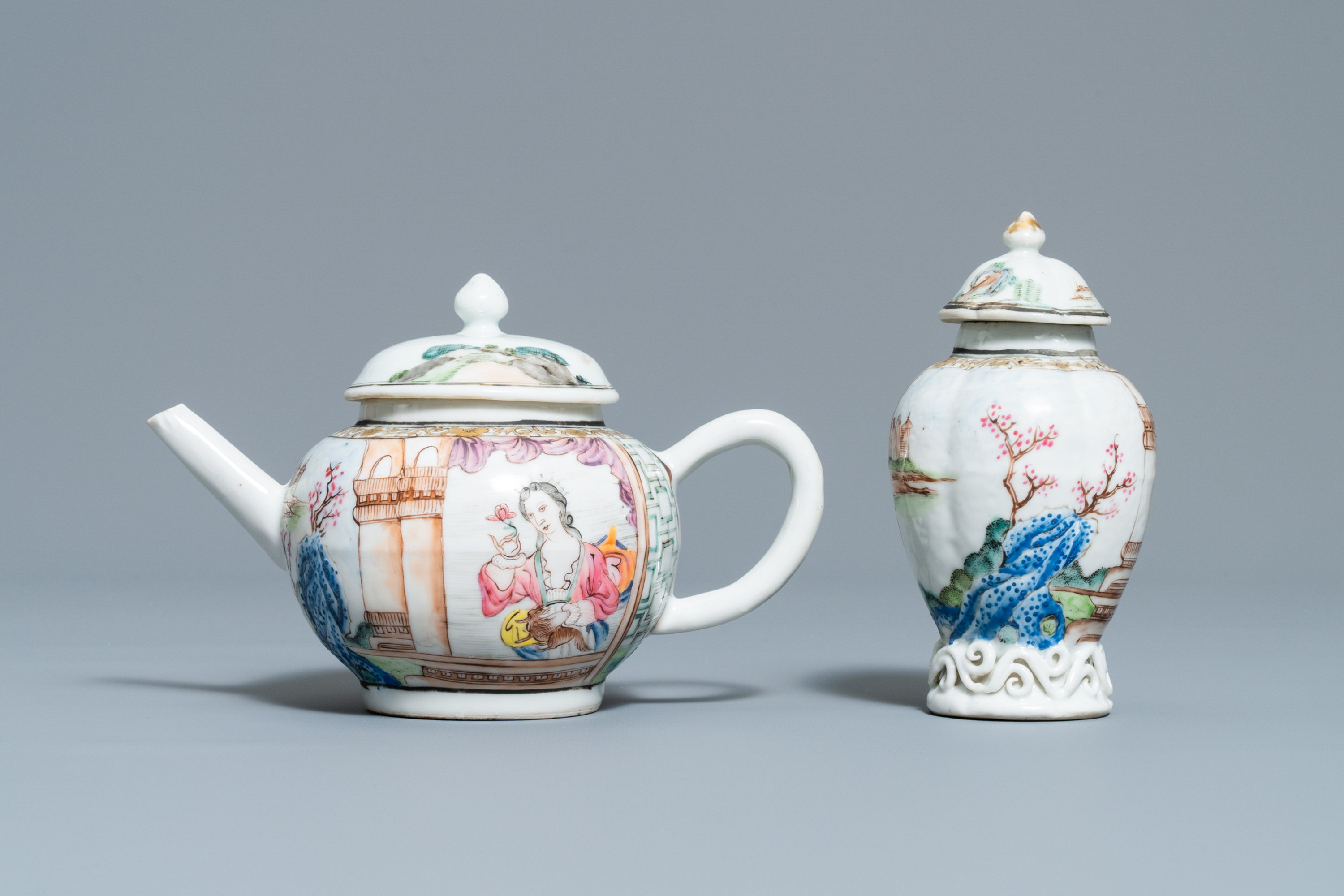 A Chinese famille rose teapot and caddy with a lady holding a small dog, Yongzheng/Qianlong - Image 4 of 7