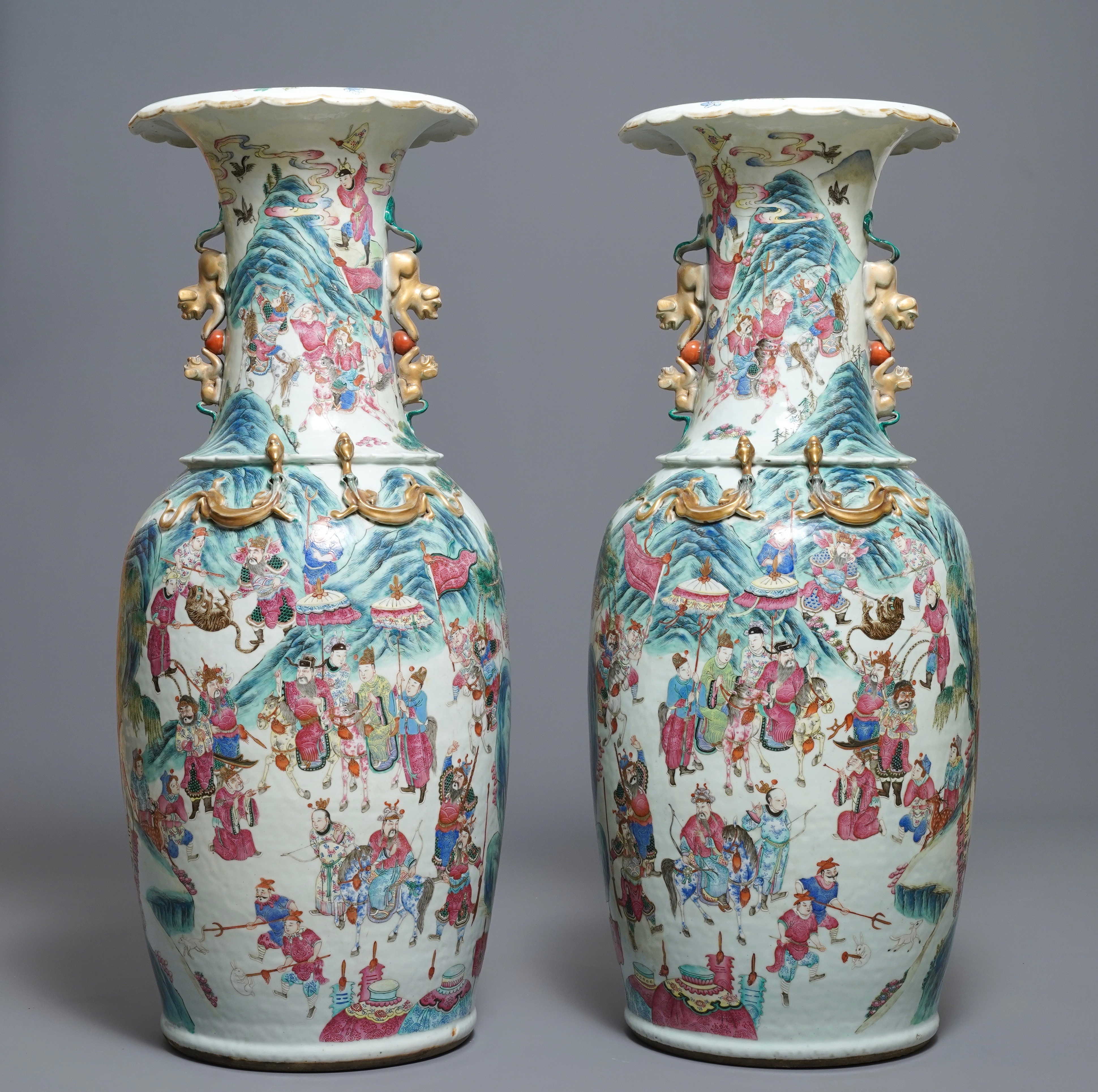 A pair of large Chinese famille rose vases with narrative design, 19th C. - Image 3 of 6