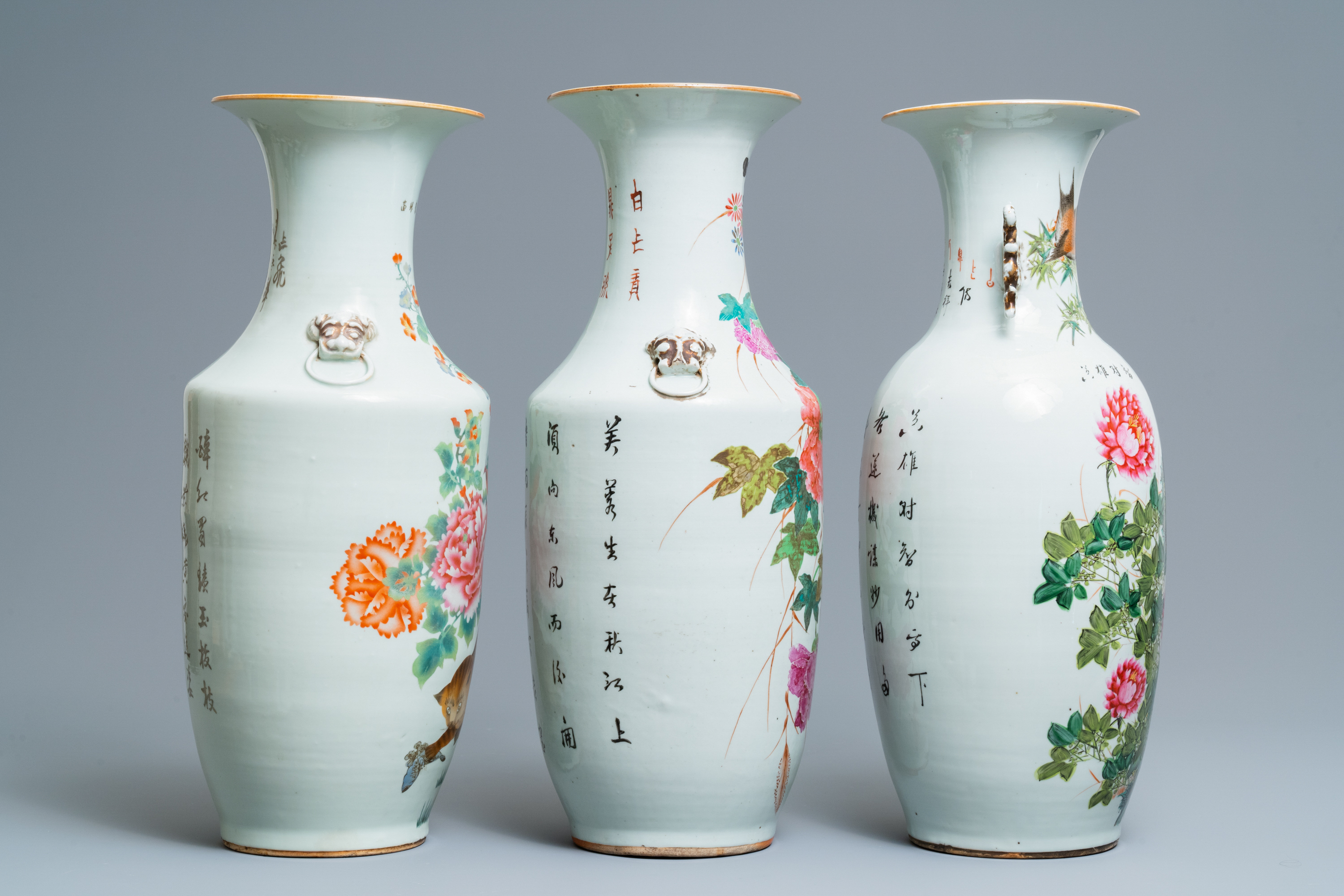 Three Chinese famille rose vases with animals and flowers, 19/20th C. - Image 2 of 6