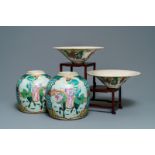 A pair of Chinese famille verte crackle-glazed bowls and a pair of famille rose jars, 19/20th C.