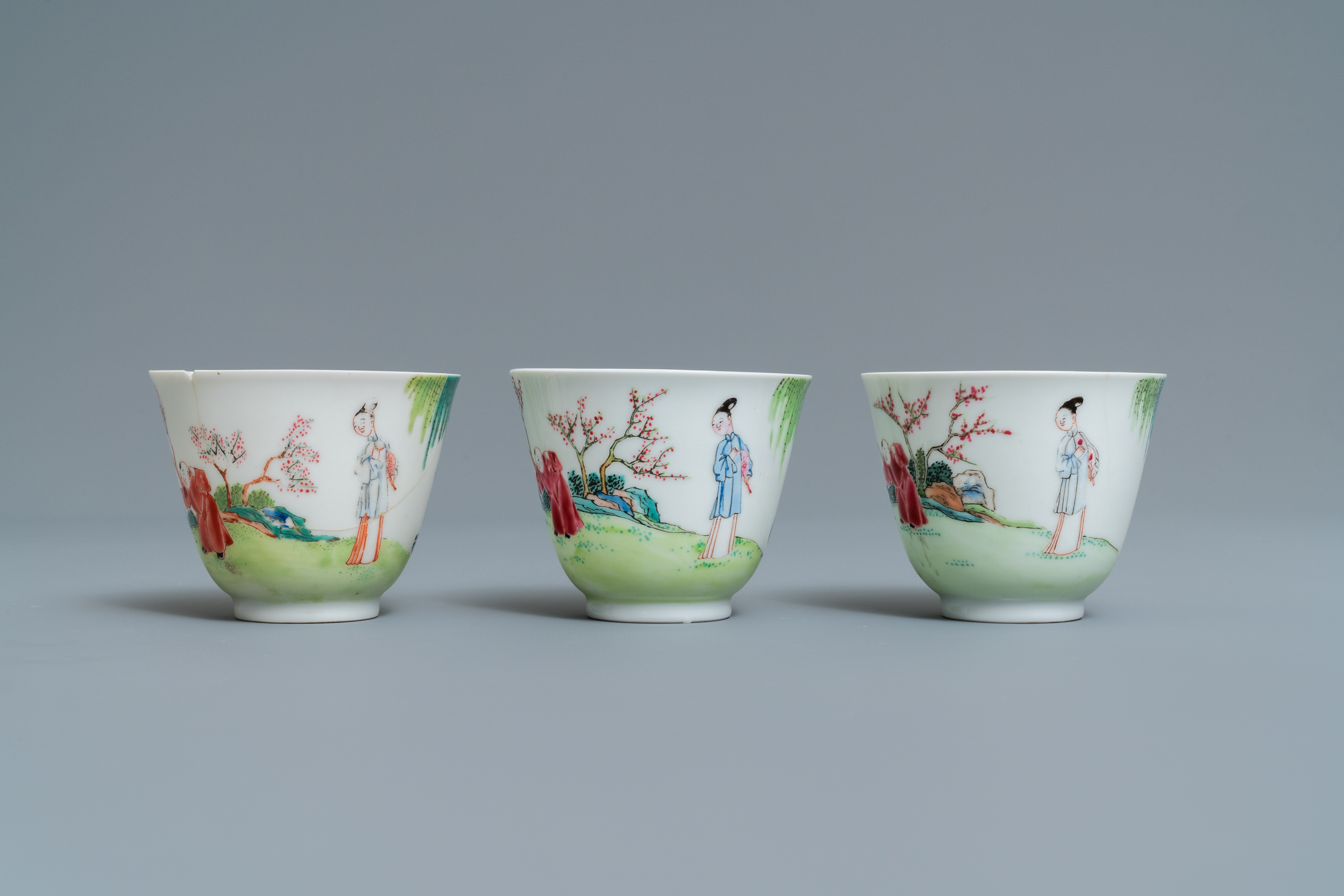 Three Chinese famille rose cups and saucers with figures in a garden, Yongzheng - Image 7 of 9
