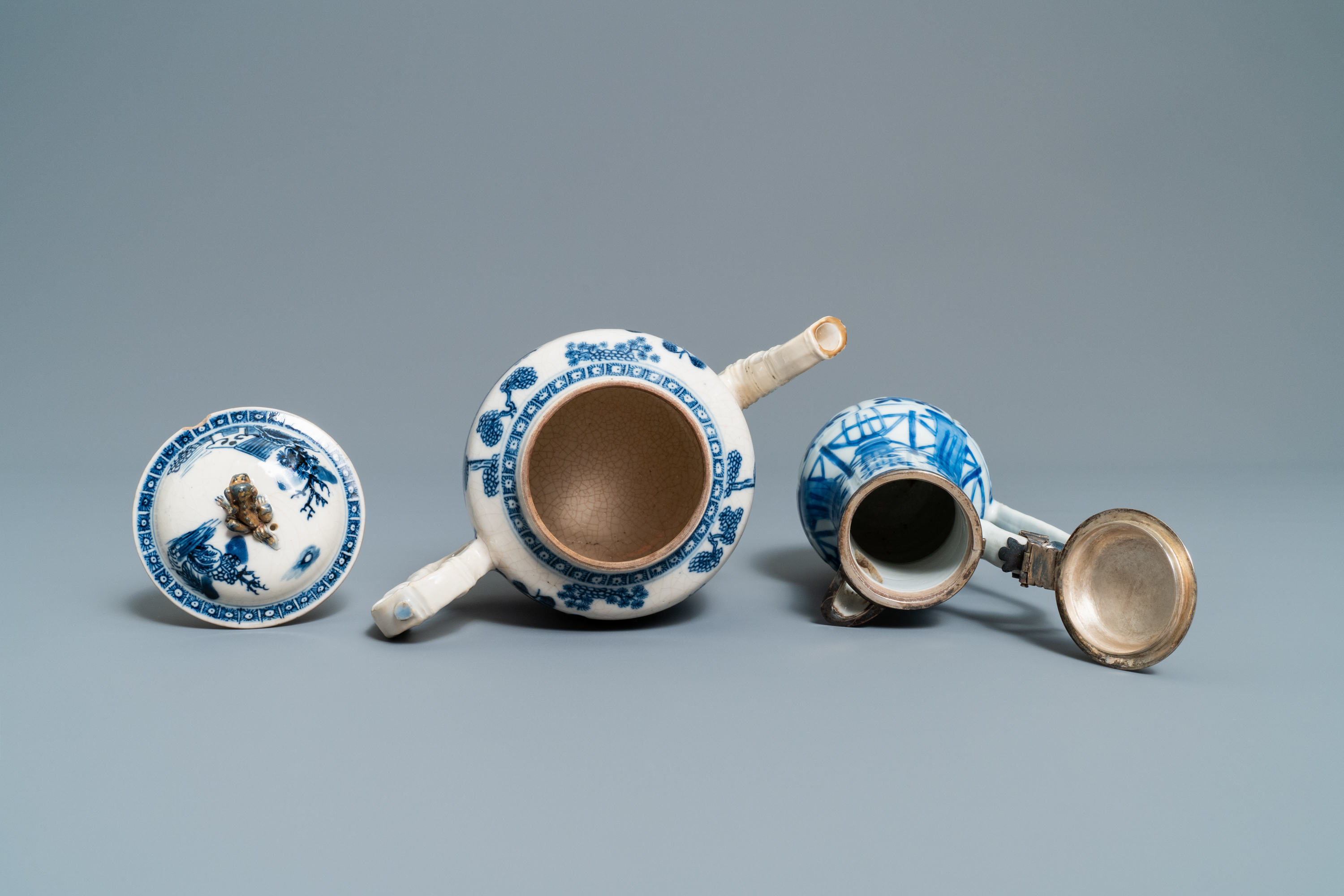 Three Chinese blue and white ewers, a teapot and a metal-mounted vase, Kangxi/Qianlong - Image 12 of 18