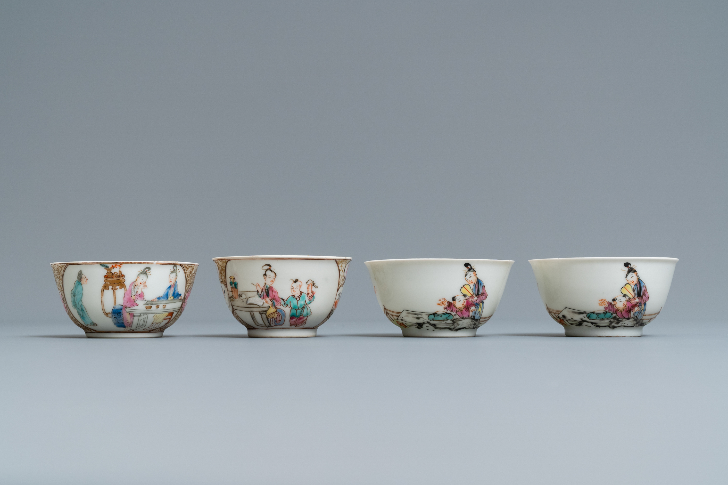 Four Chinese famille rose 'Mandarin' cups and saucers, Qianlong - Image 6 of 9