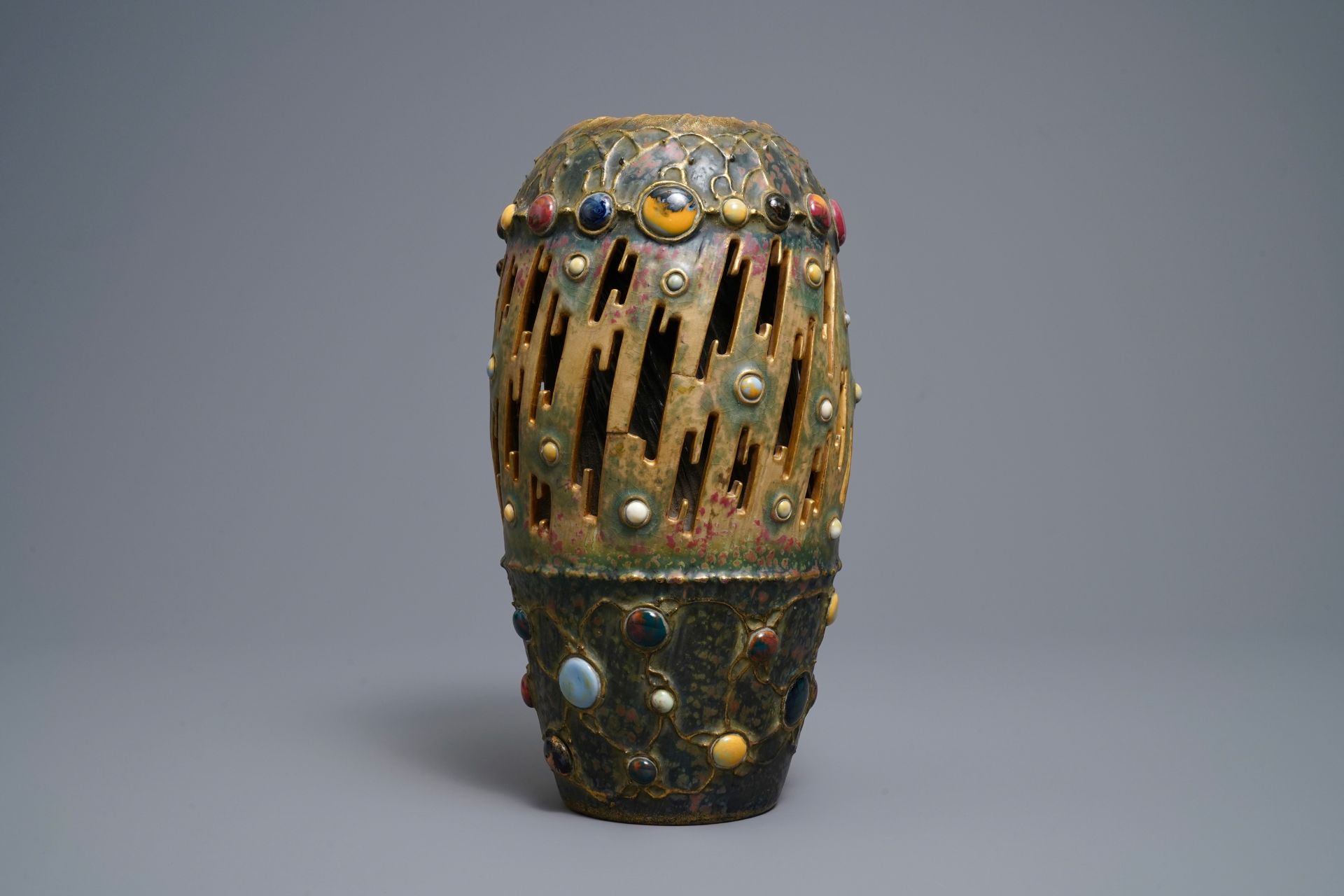 An Amphora Gres-Bijou series pottery vase w. faux precious stones & lightning design, early 20th C. - Image 3 of 6