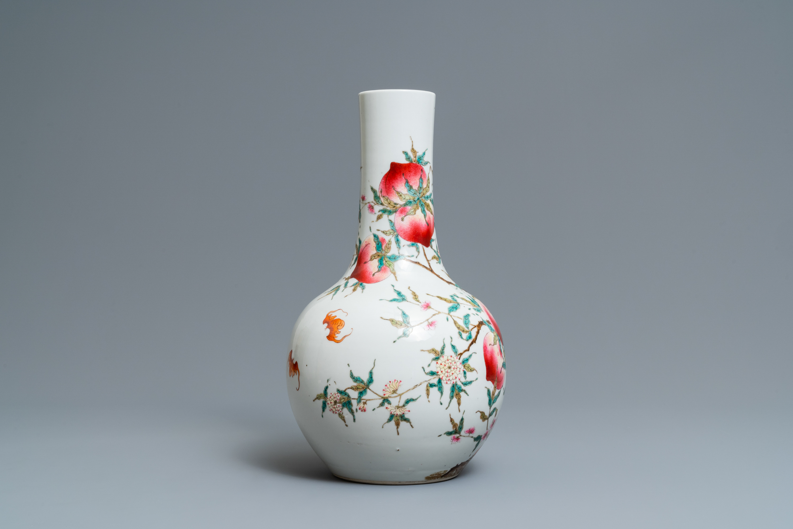 A Chinese famille rose 'nine peaches' bottle vase, Guangxu mark, 19/20th C. - Image 2 of 6