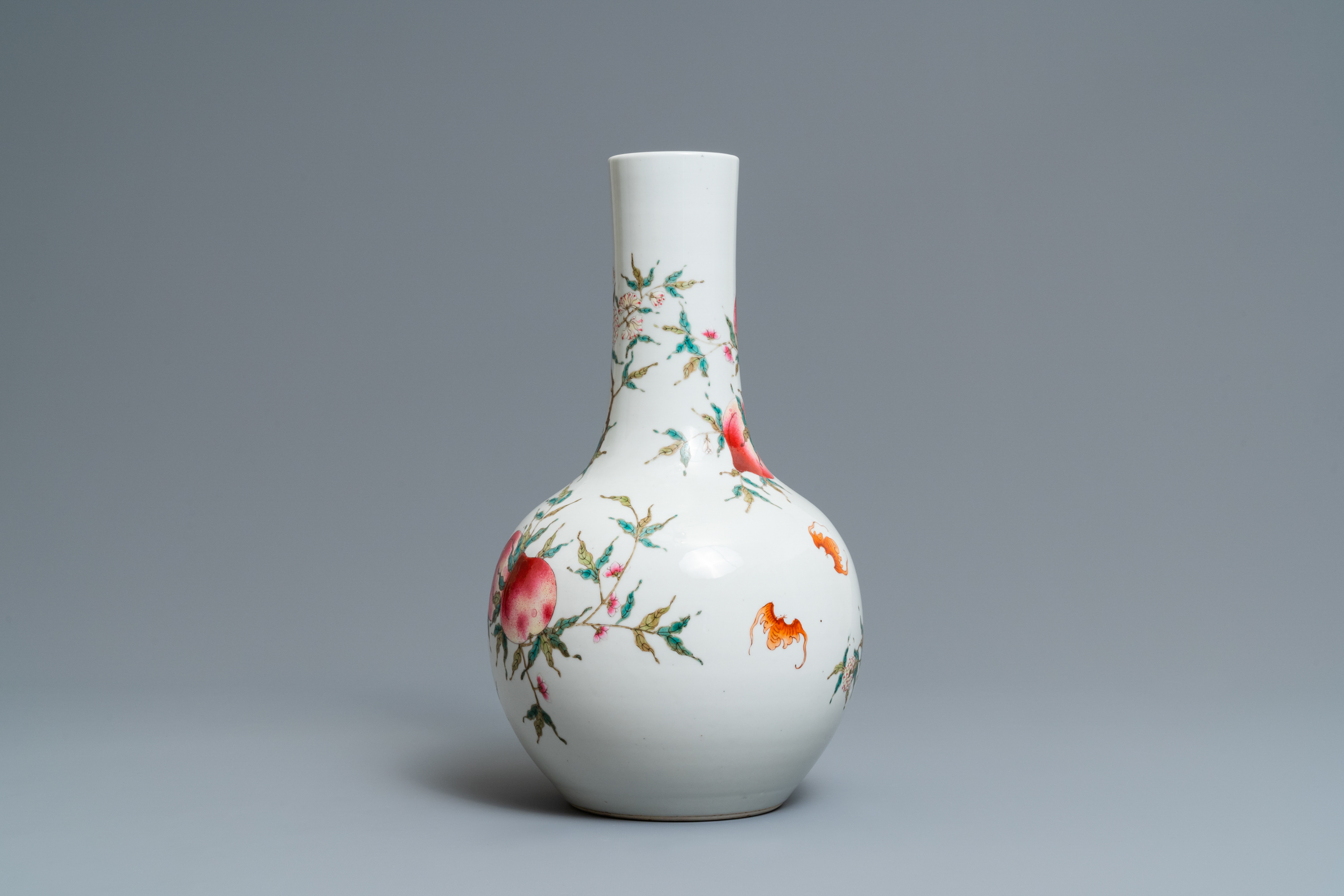 A Chinese famille rose 'nine peaches' bottle vase, Guangxu mark, 19/20th C. - Image 3 of 6