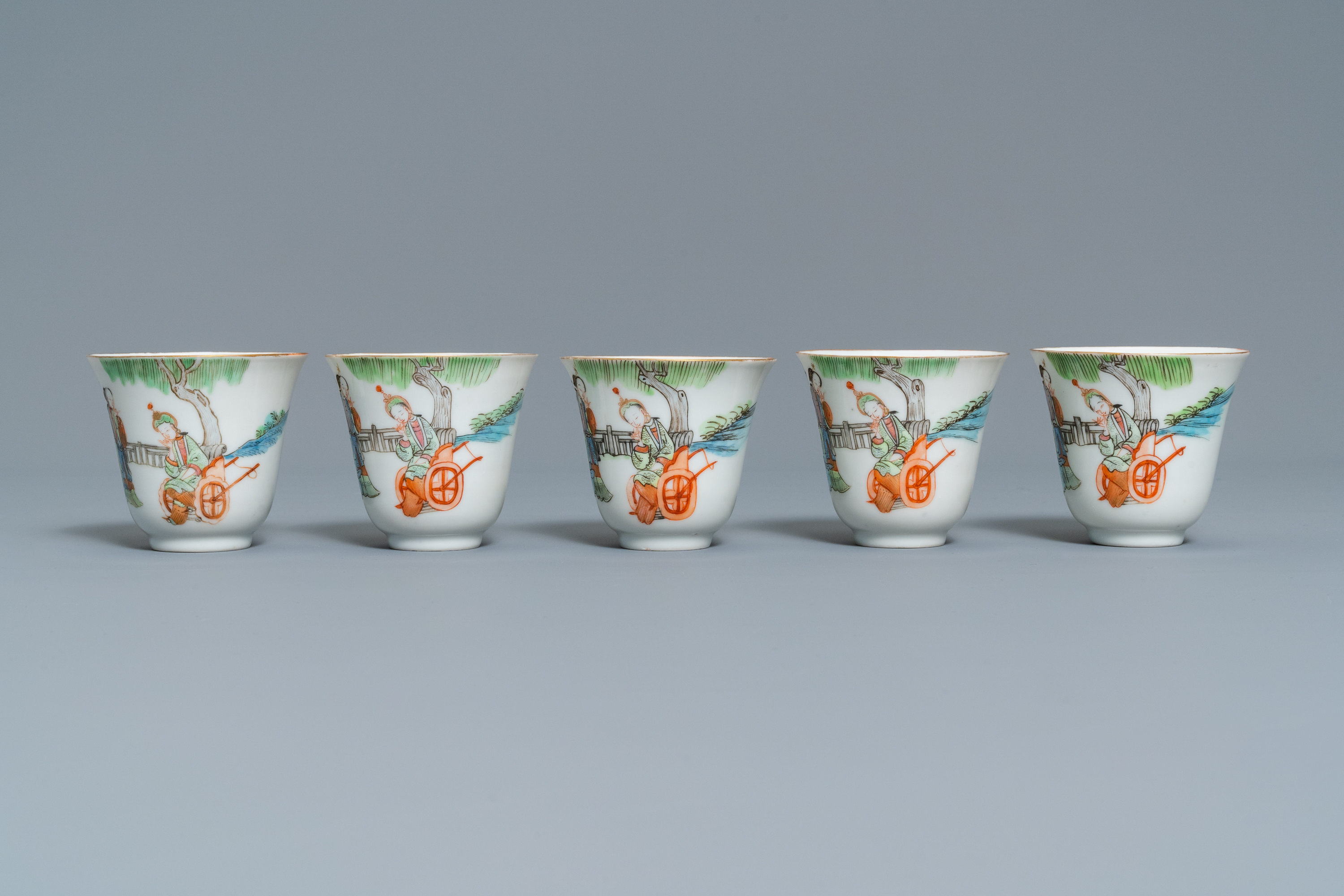 Five Chinese famille rose cups and saucers, Tongzhi mark and of the period - Image 7 of 11