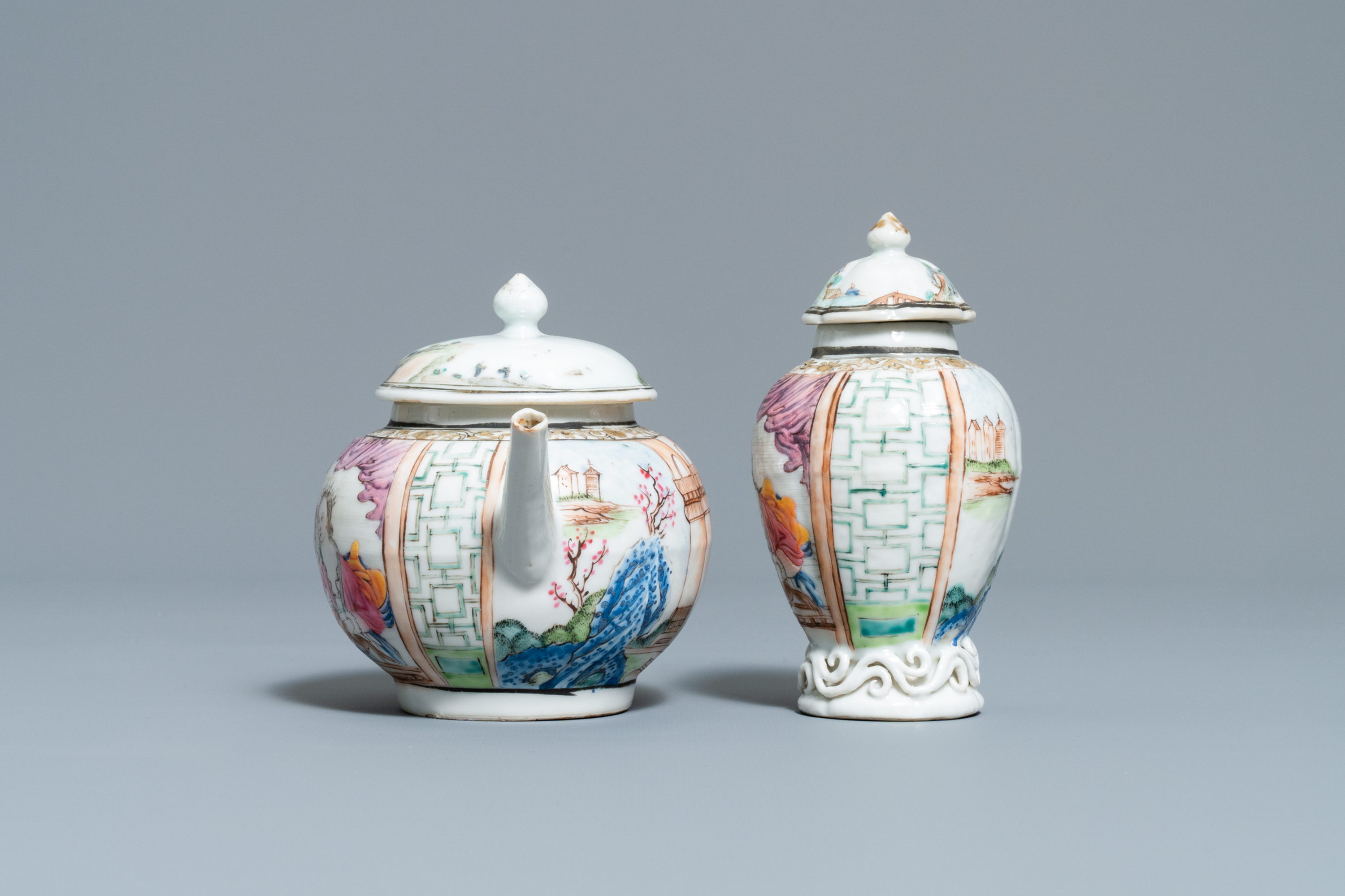 A Chinese famille rose teapot and caddy with a lady holding a small dog, Yongzheng/Qianlong - Image 3 of 7