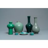 Seven Chinese monochrome green and turquoise porcelain wares, 19/20th C.