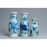 Three Chinese blue and white and celadon-ground 'Buddhist lion' vases, 19th C.