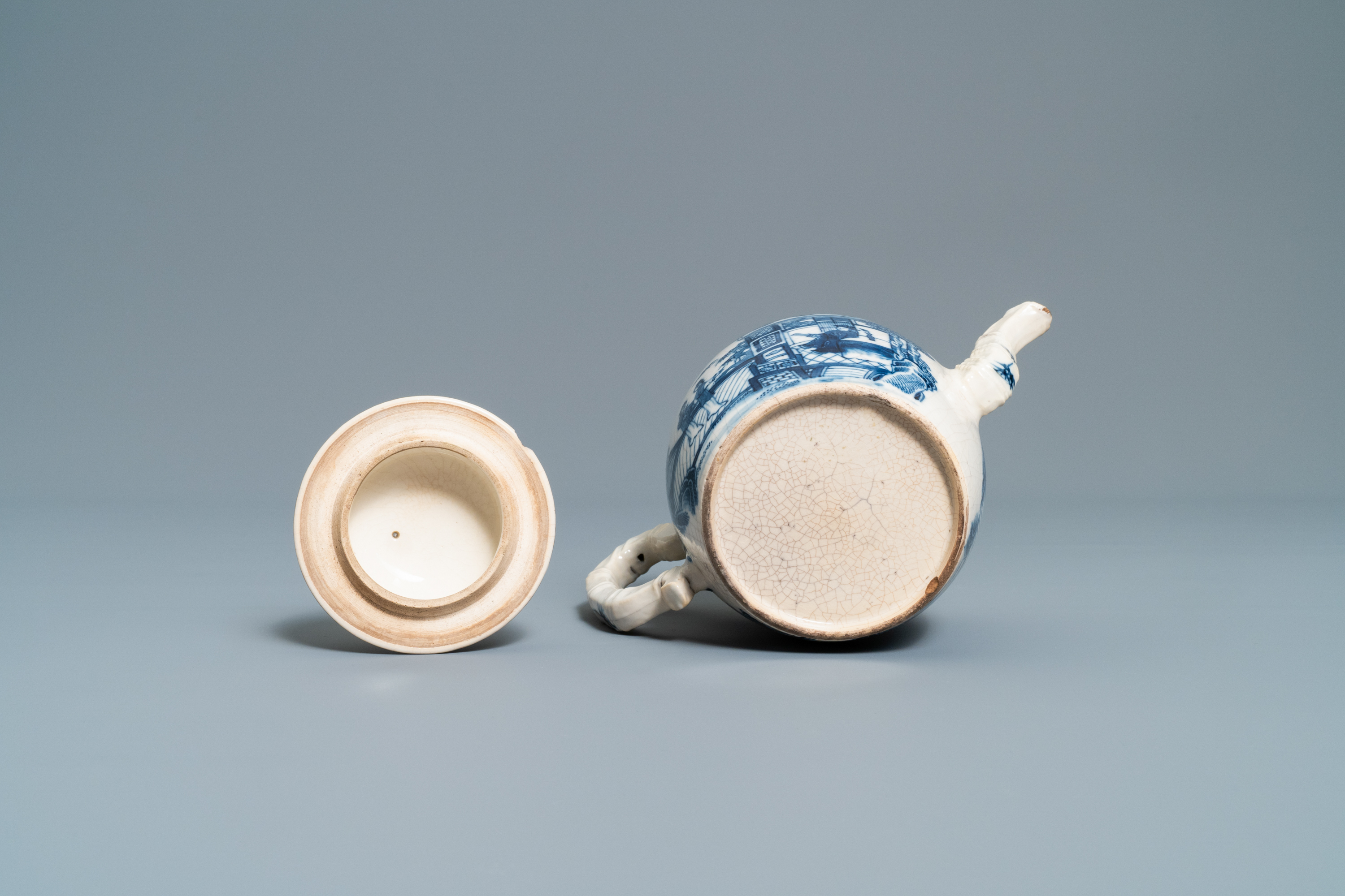 Three Chinese blue and white ewers, a teapot and a metal-mounted vase, Kangxi/Qianlong - Image 14 of 18