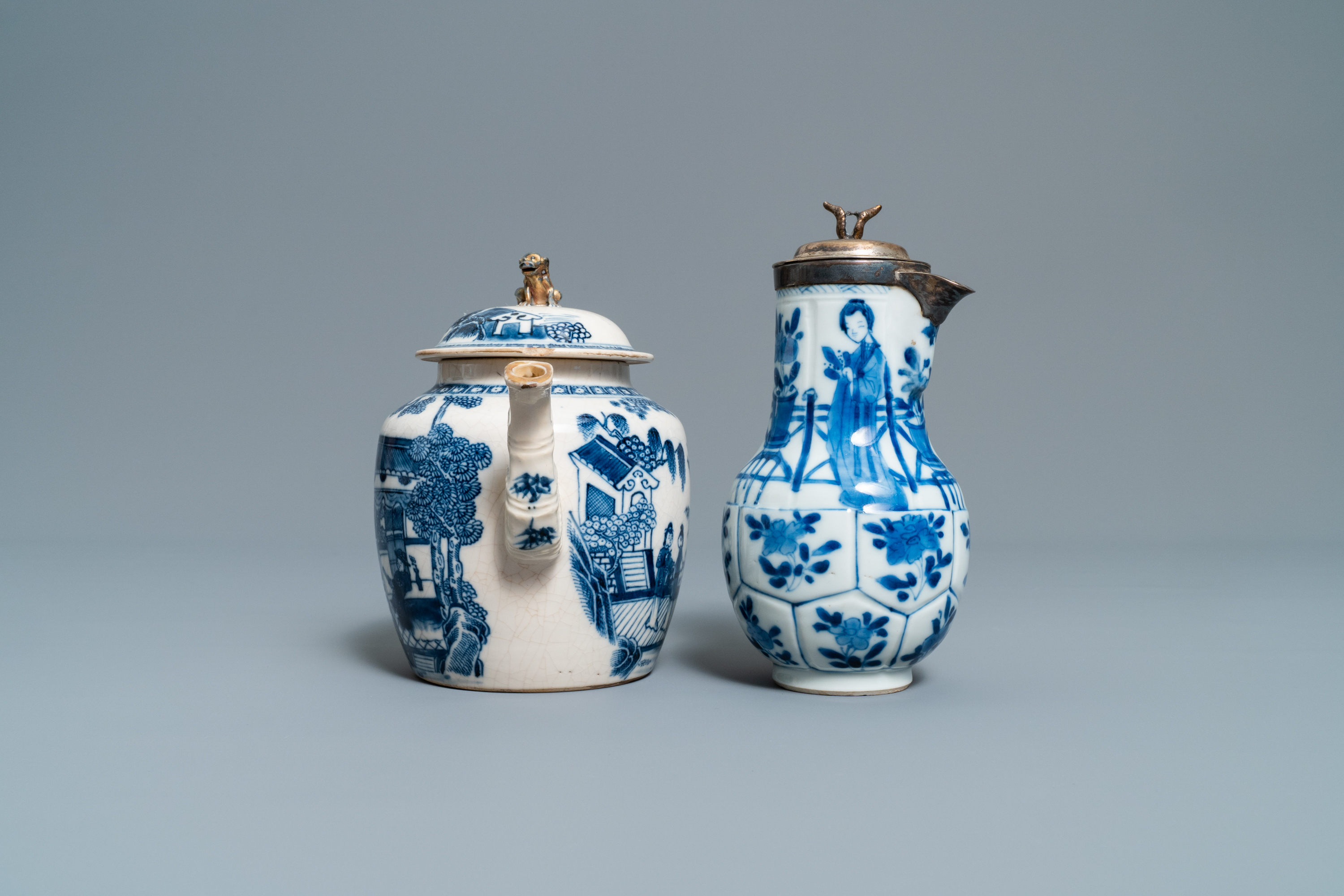 Three Chinese blue and white ewers, a teapot and a metal-mounted vase, Kangxi/Qianlong - Image 9 of 18