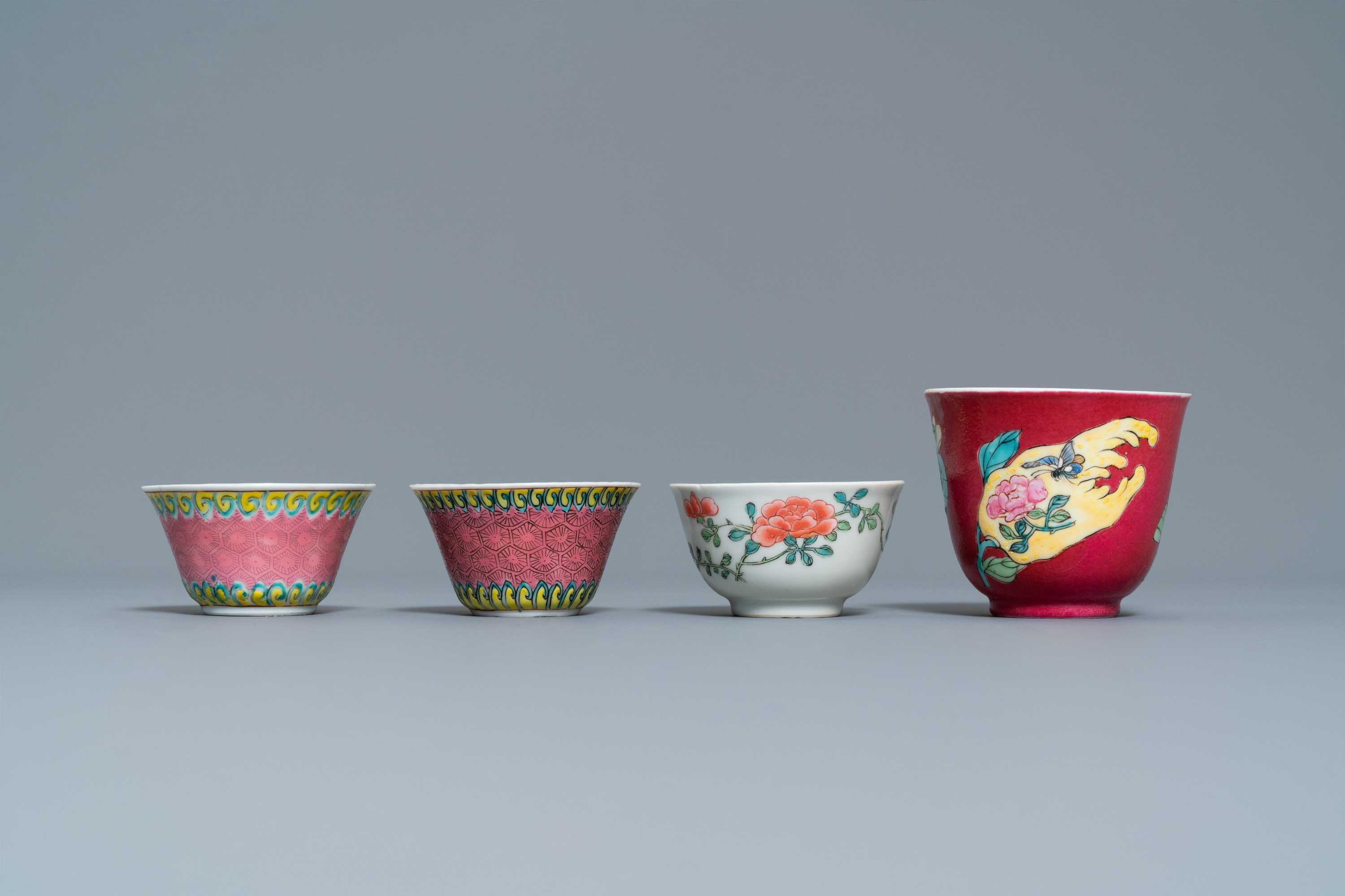 Four Chinese famille rose cups and saucers, Yongzheng/Qianlong - Image 4 of 9