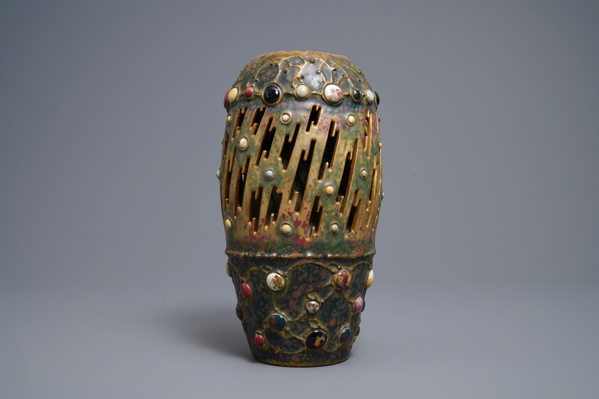 An Amphora Gres-Bijou series pottery vase w. faux precious stones & lightning design, early 20th C.