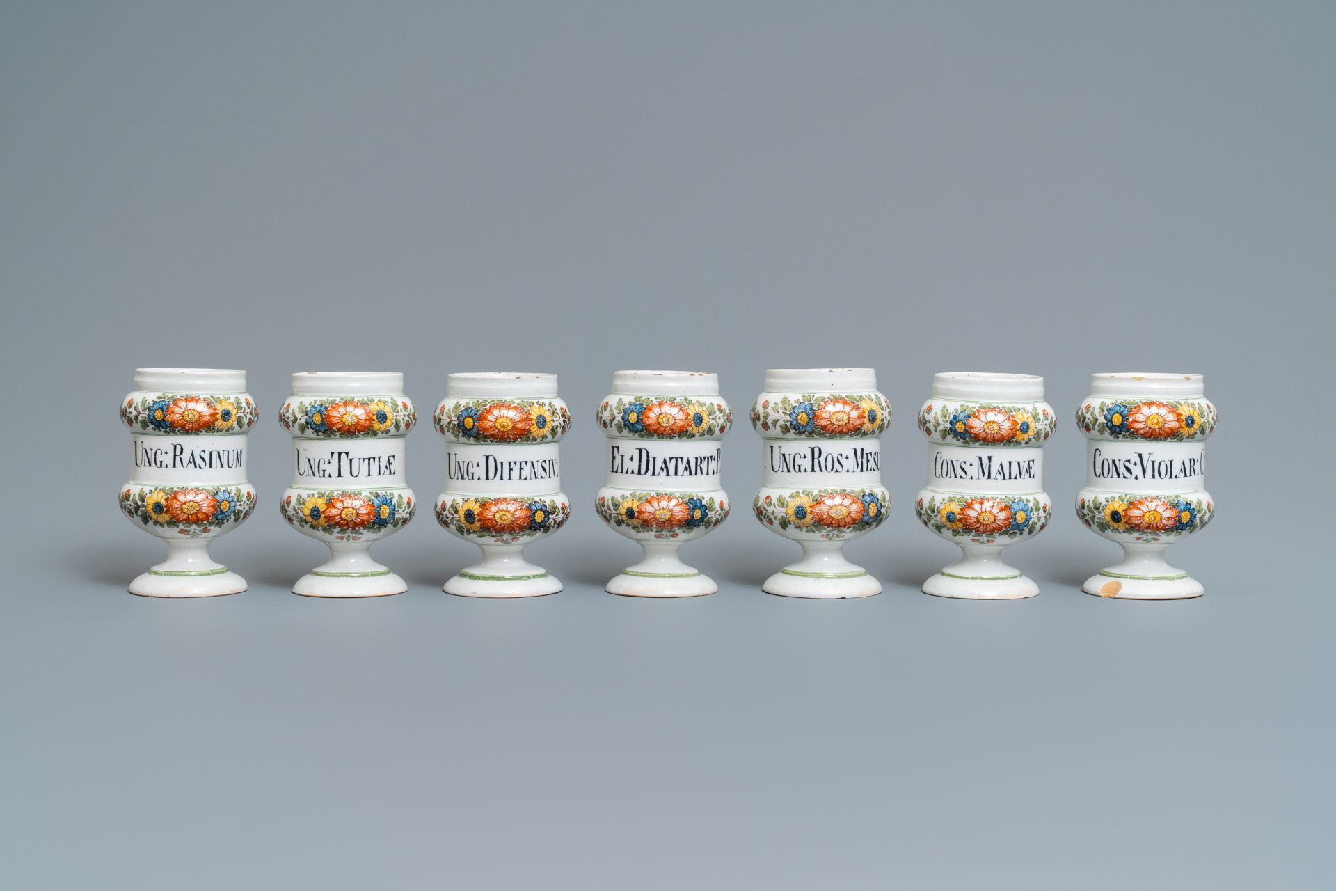 Twelve polychrome Italian pharmacy jars, Antonibon, Nove di Bassano, second half 18th C. - Image 2 of 19