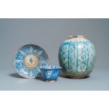 A Persian blue and white vase, a bowl and a dish, Syria and/or Iran, 18/19th C.