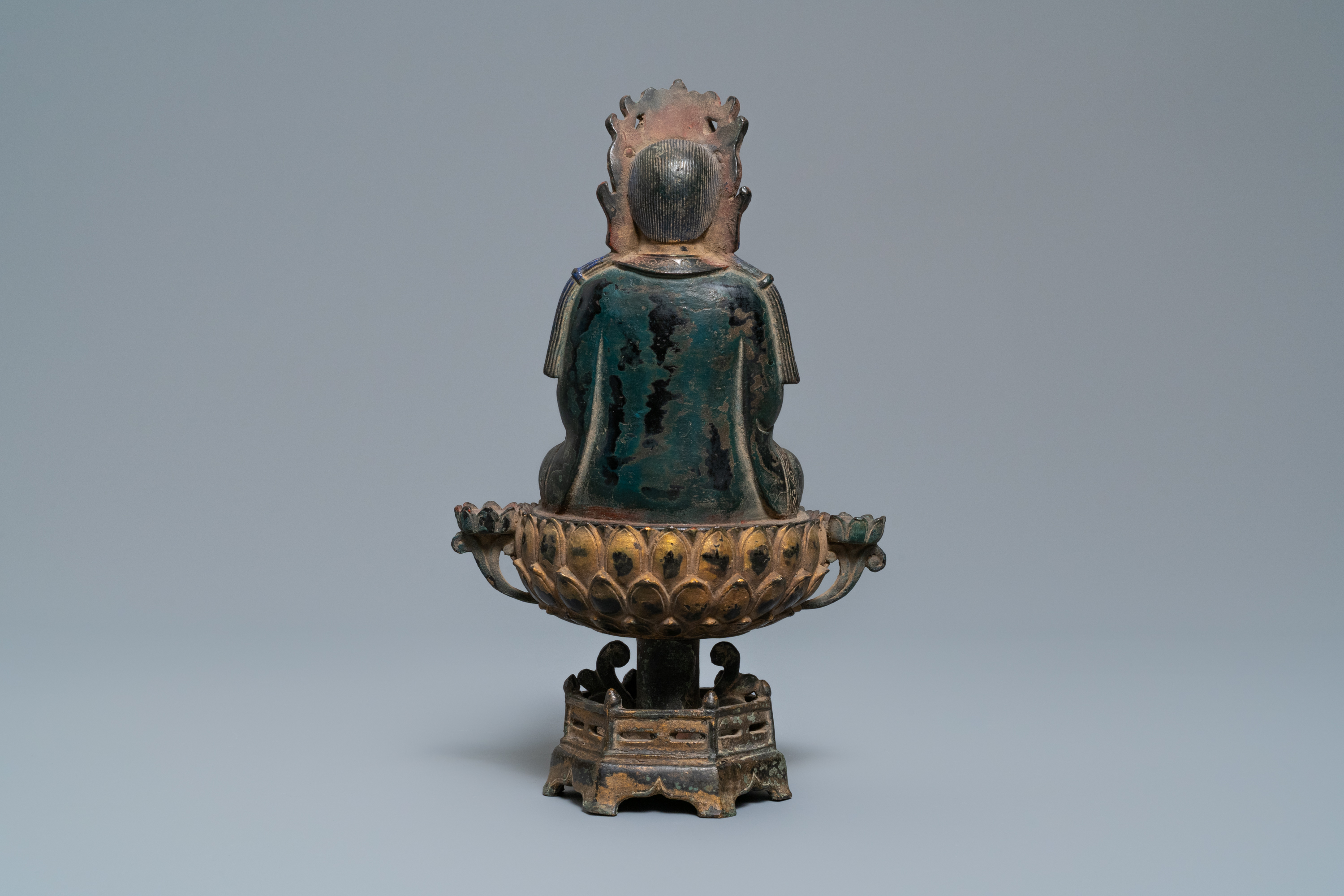 A Chinese polychrome and gilt bronze figure of Buddha on a lotus throne, Qing - Image 4 of 7