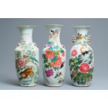 Three Chinese famille rose vases with animals and flowers, 19/20th C.