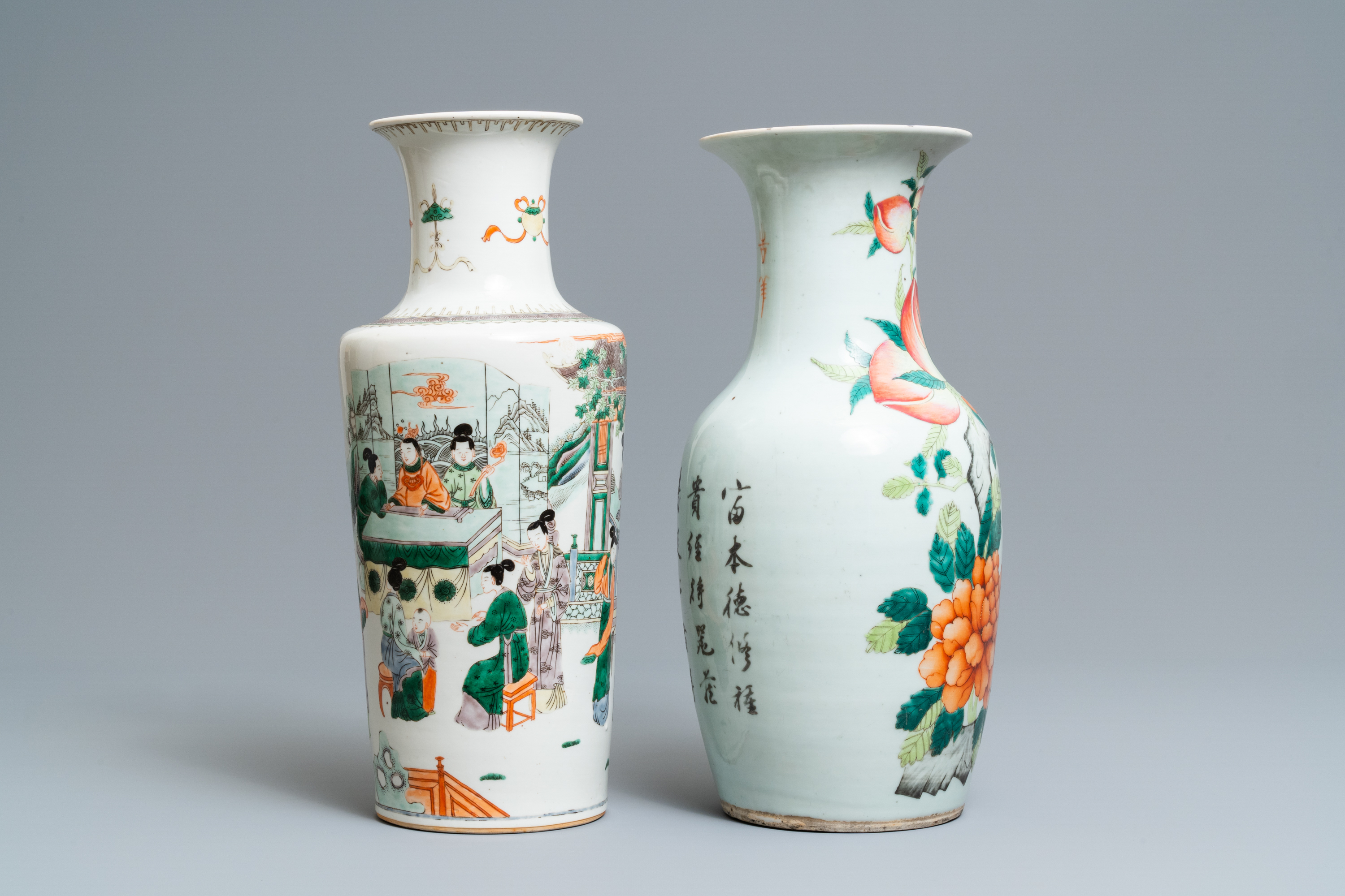 A Chinese famille verte rouleau vase and a famille rose vase, 19th C. - Image 2 of 6