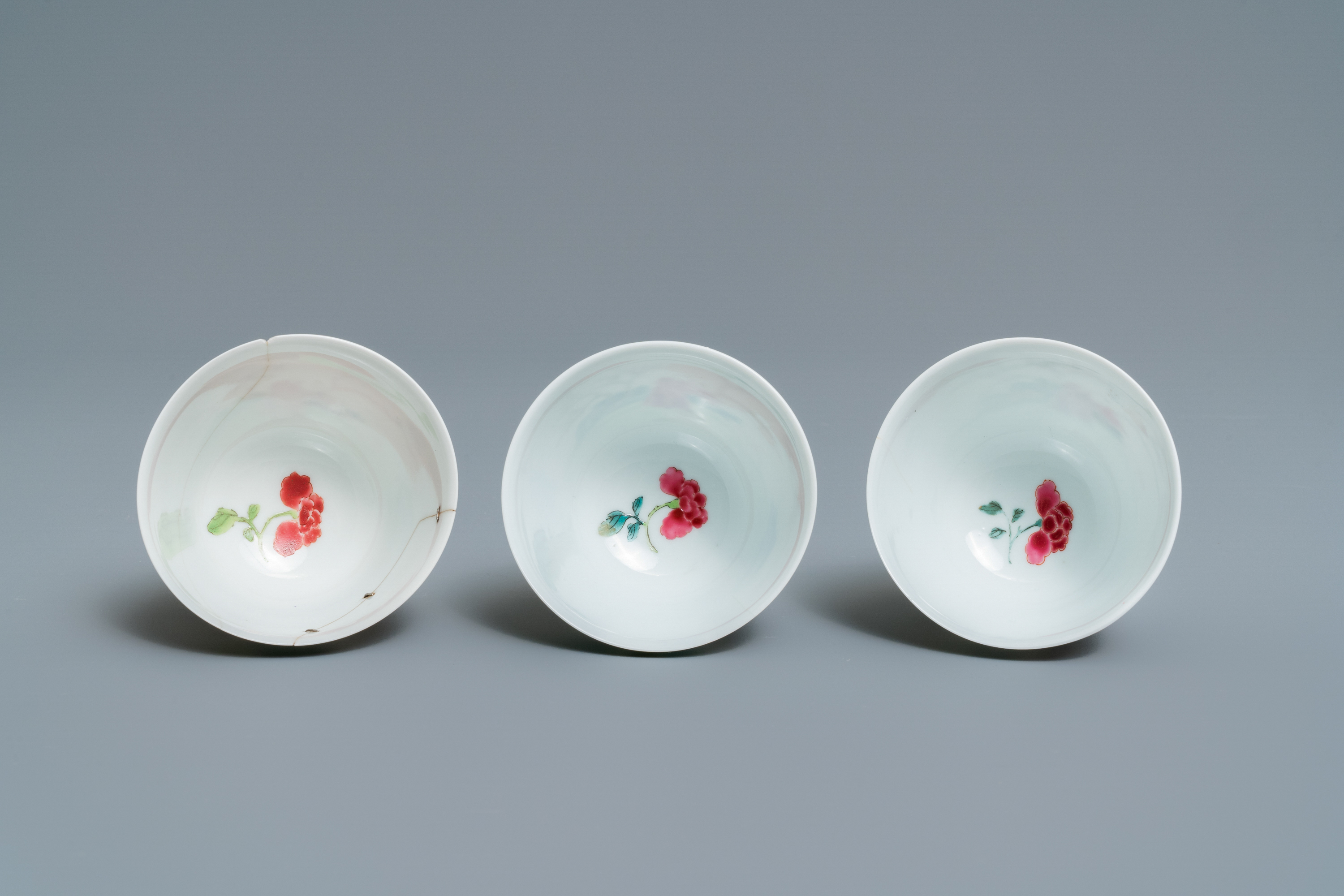 Three Chinese famille rose cups and saucers with figures in a garden, Yongzheng - Image 8 of 9