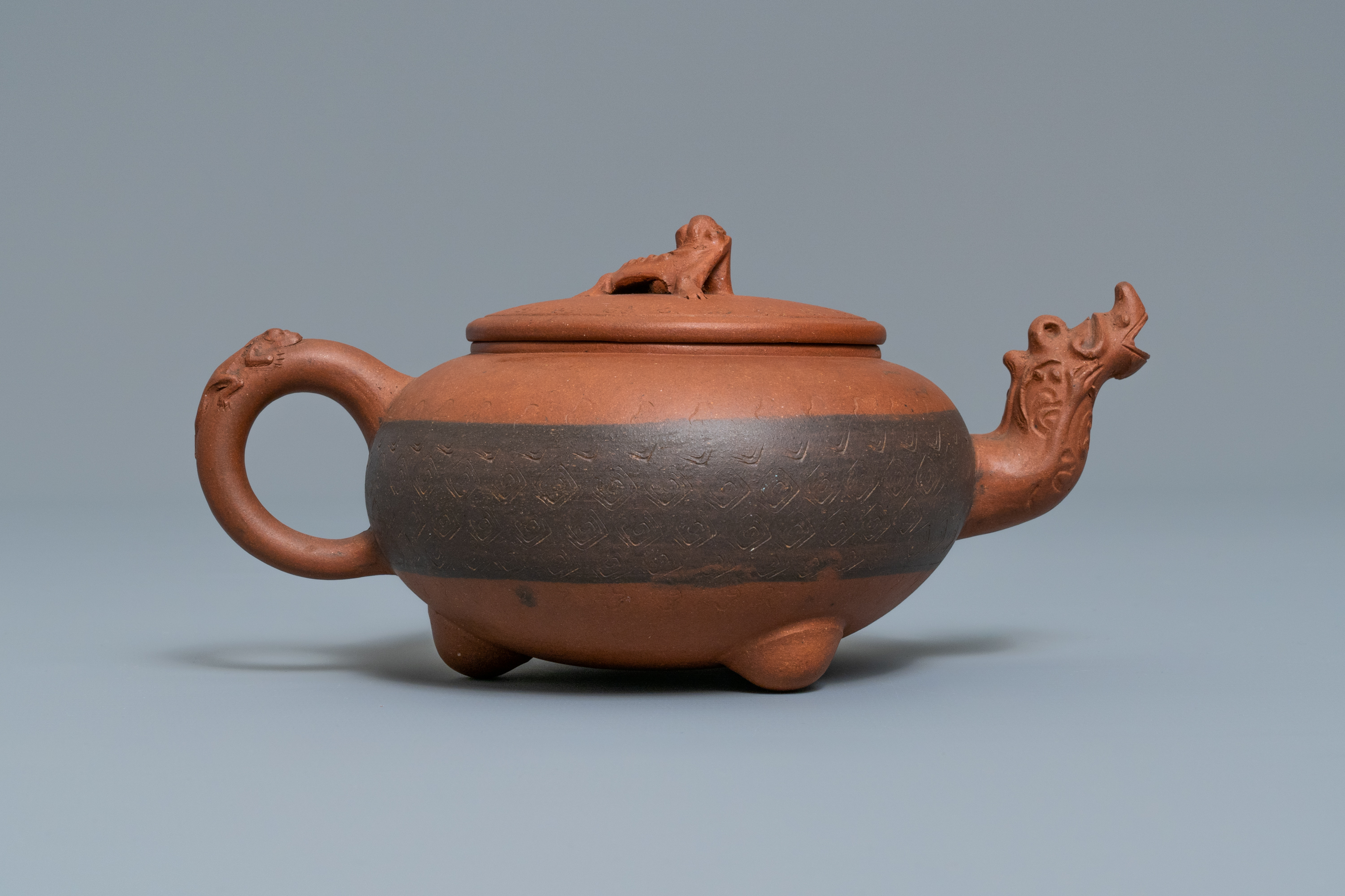 A Chinese Yixing stoneware dragon-spouted teapot and cover, impressed mark, 19/20th C. - Image 2 of 7