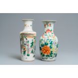 A Chinese famille verte rouleau vase and a famille rose vase, 19th C.