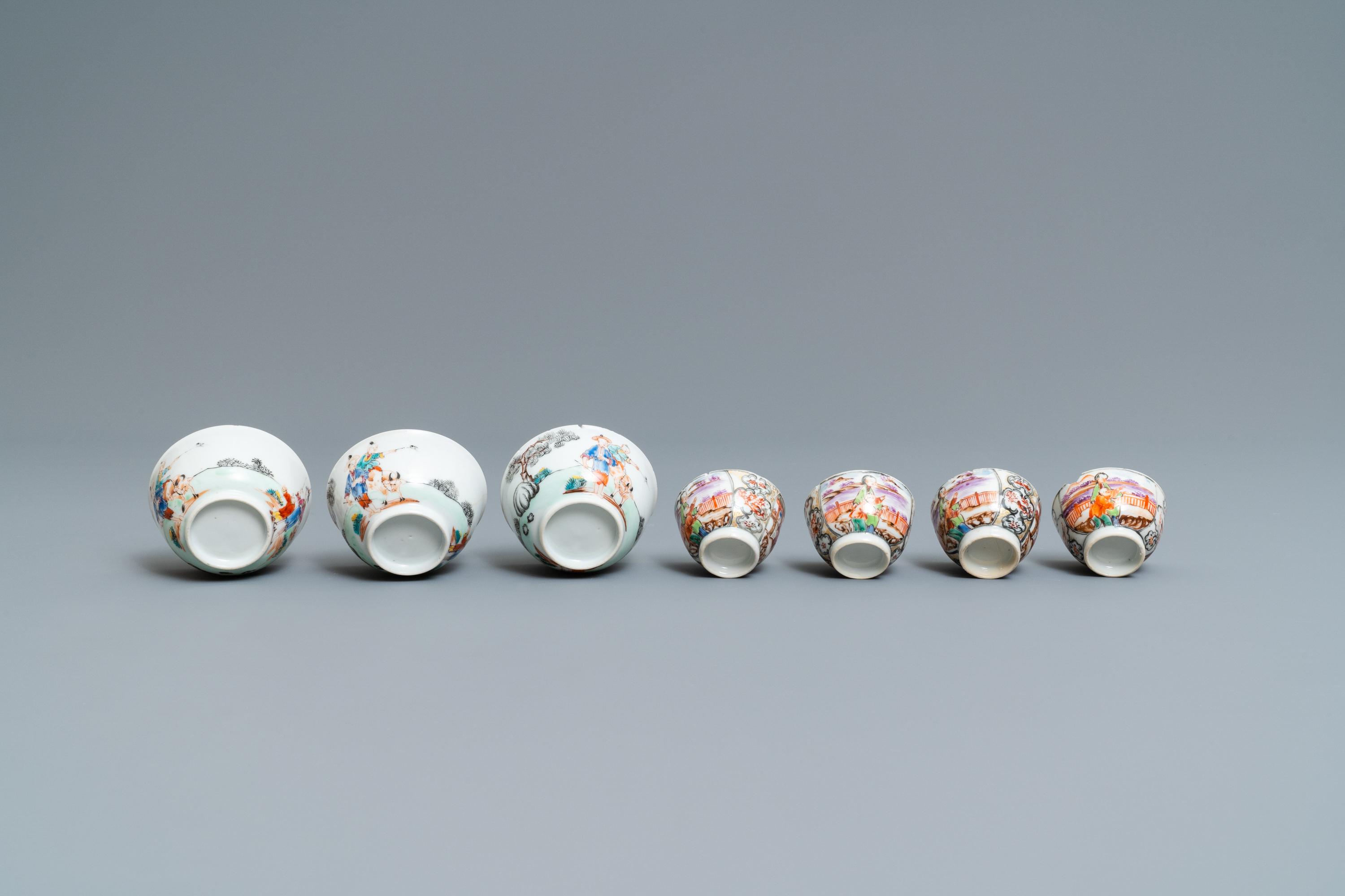 Seven Chinese famille rose 'Mandarin' cups and saucers, Qianlong - Image 9 of 9