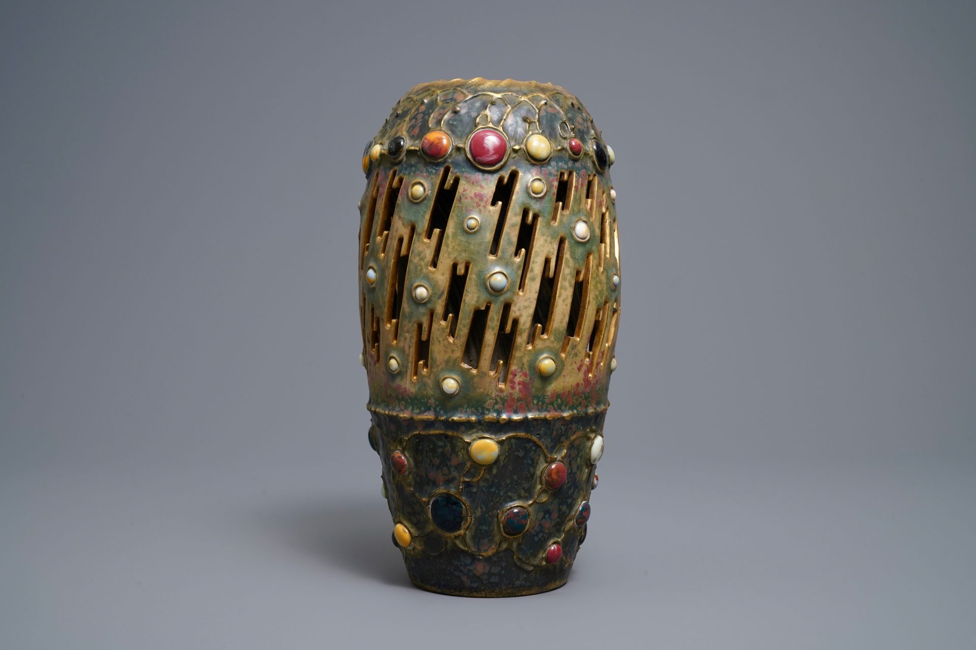 An Amphora Gres-Bijou series pottery vase w. faux precious stones & lightning design, early 20th C. - Image 2 of 6