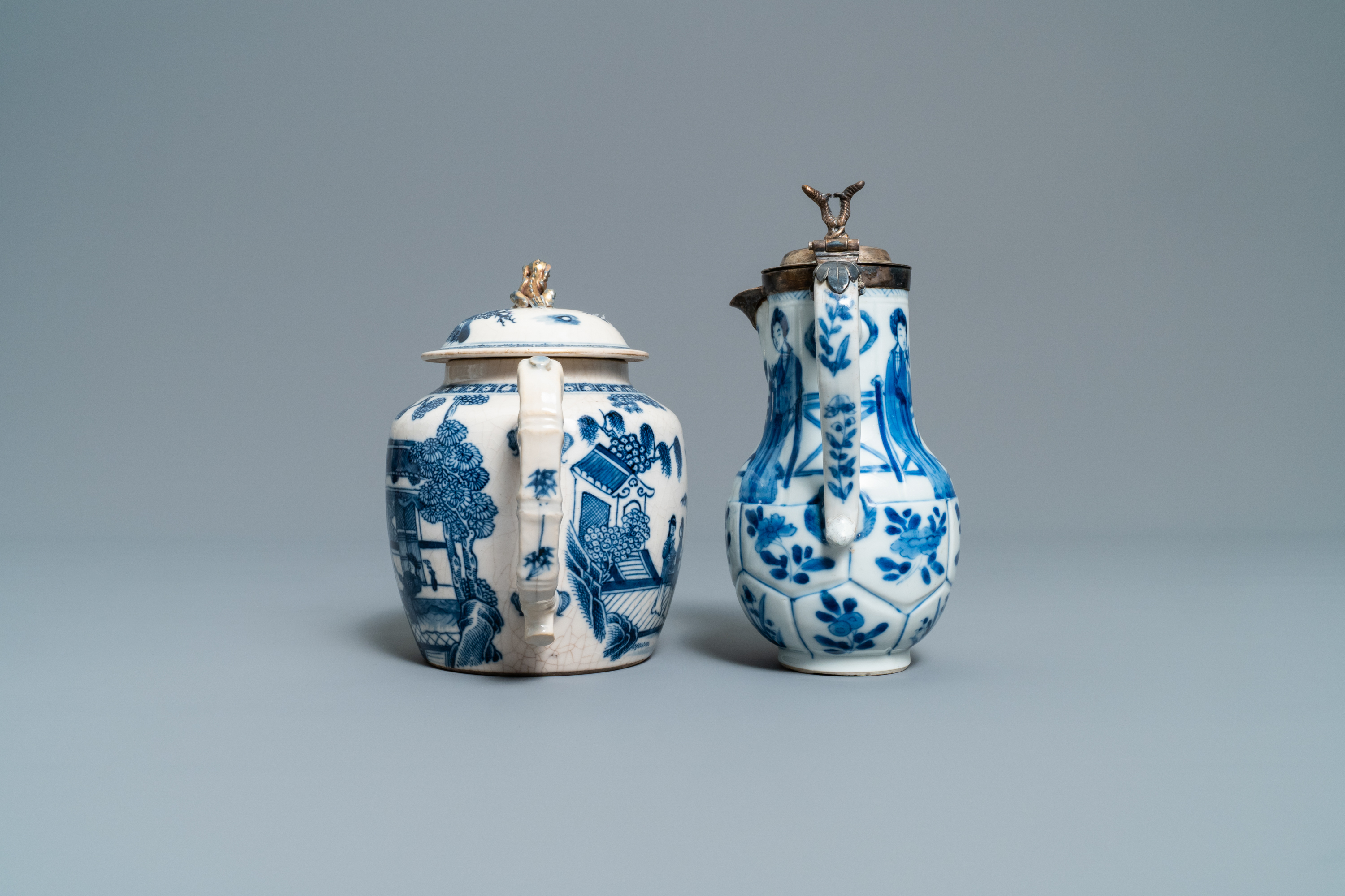 Three Chinese blue and white ewers, a teapot and a metal-mounted vase, Kangxi/Qianlong - Image 11 of 18