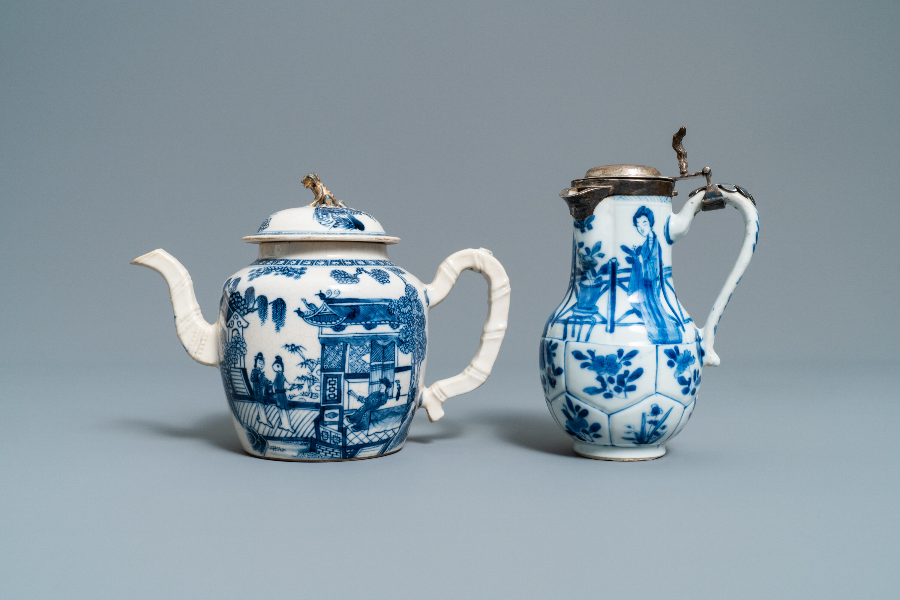 Three Chinese blue and white ewers, a teapot and a metal-mounted vase, Kangxi/Qianlong - Image 10 of 18