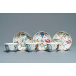 Three Chinese famille rose Wu Shuang Pu cups and saucers, 19th C.