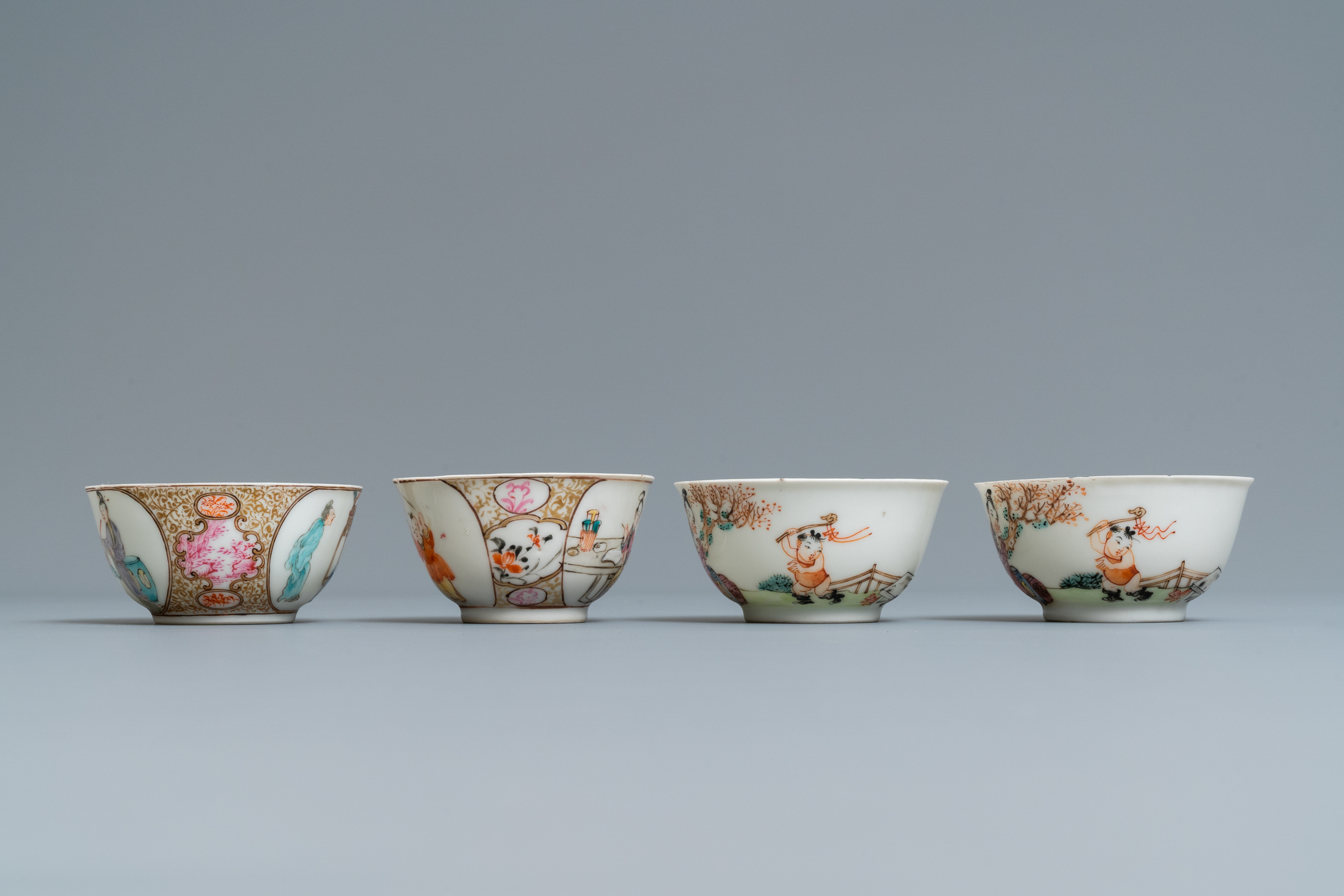 Four Chinese famille rose 'Mandarin' cups and saucers, Qianlong - Image 5 of 9