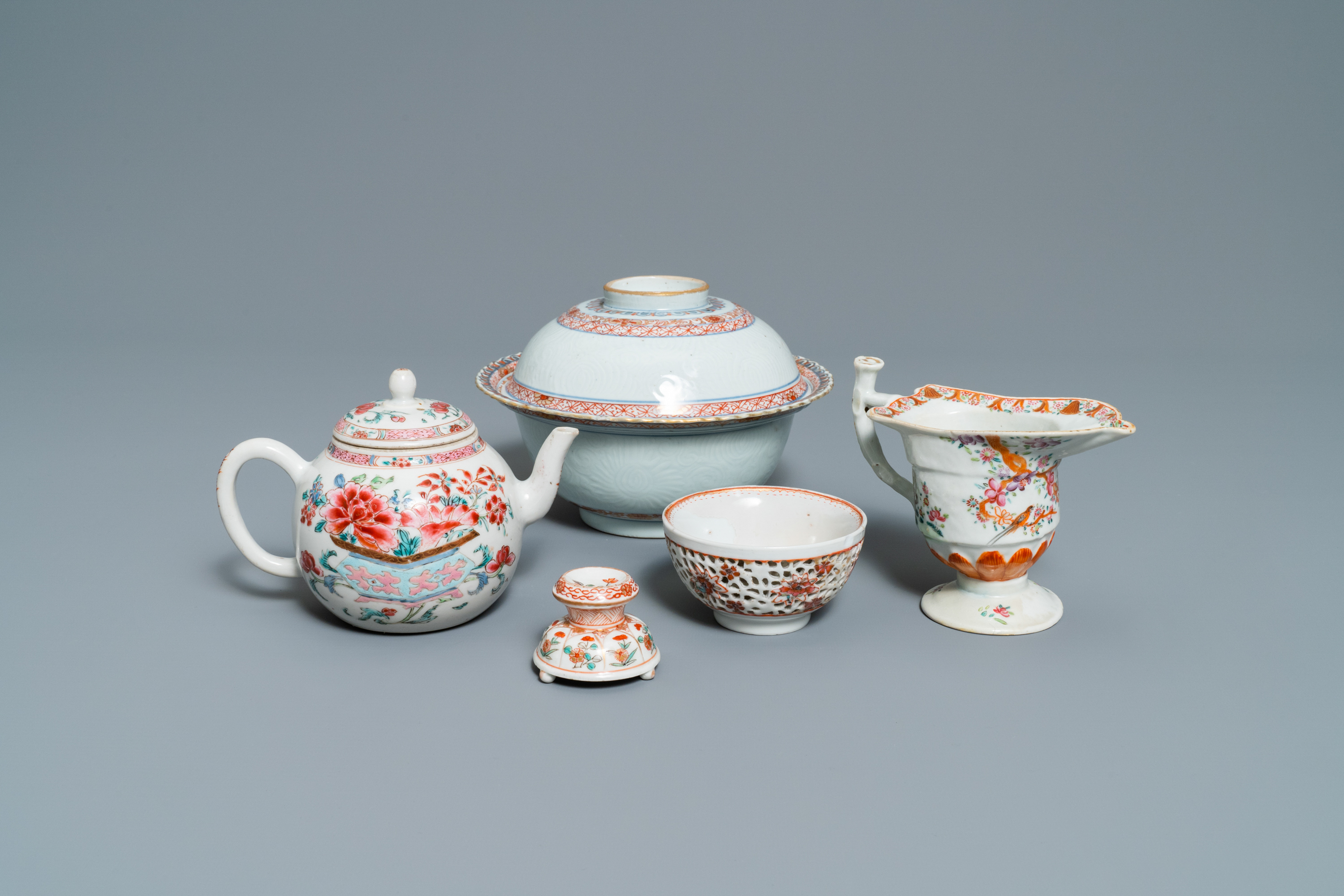 Five Chinese famille rose and iron-red wares, Kangxi/Qianlong