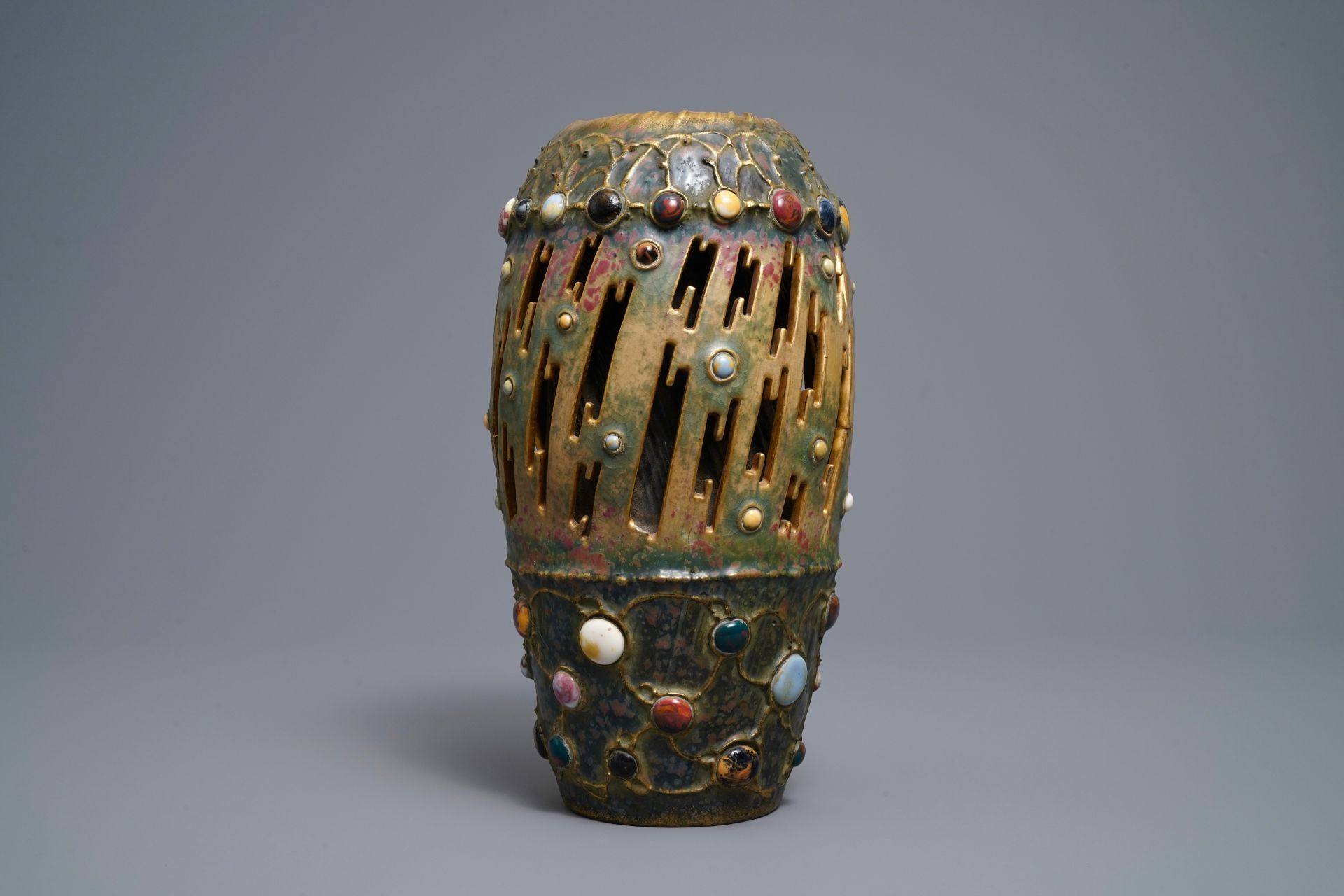 An Amphora Gres-Bijou series pottery vase w. faux precious stones & lightning design, early 20th C. - Image 4 of 6