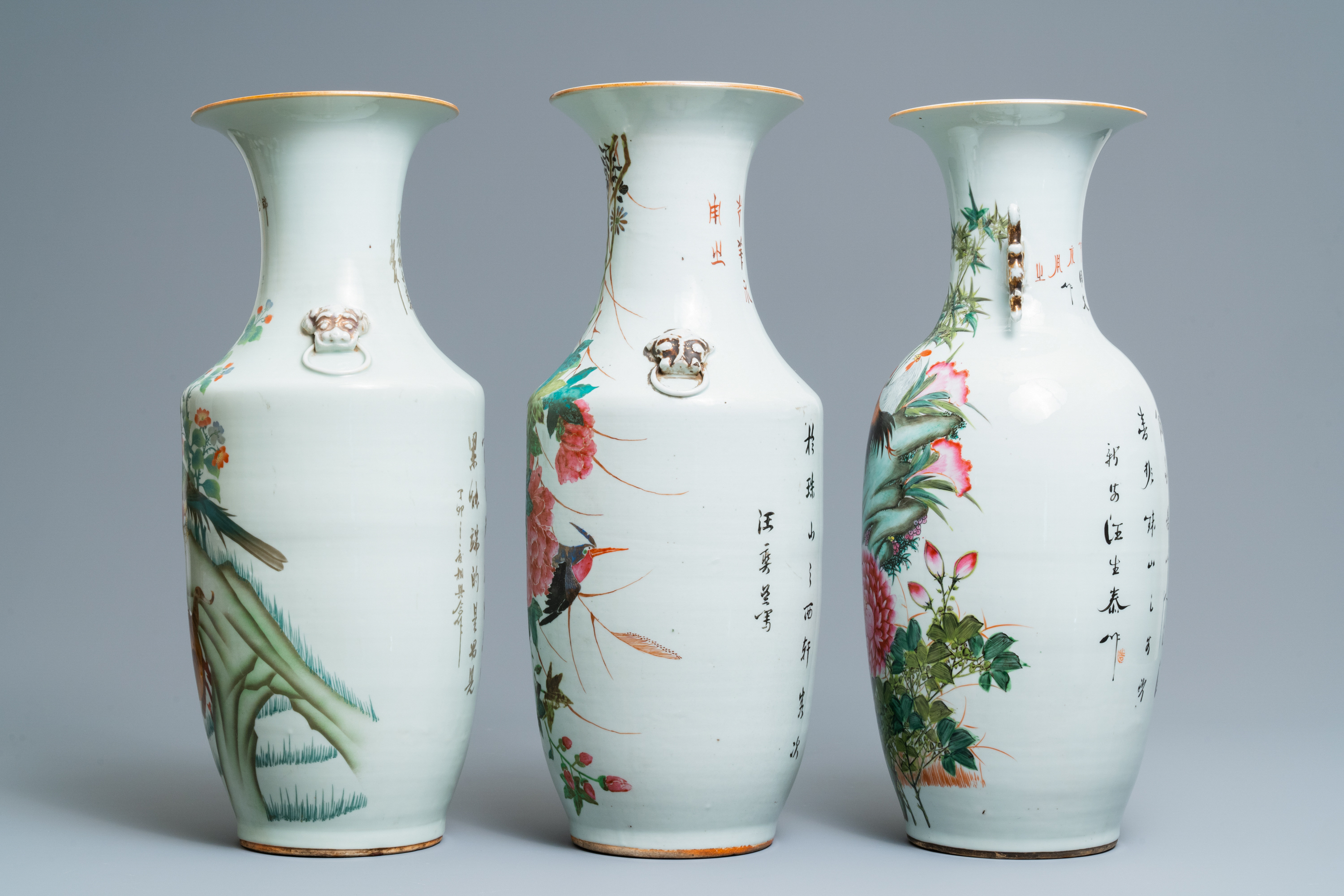 Three Chinese famille rose vases with animals and flowers, 19/20th C. - Image 4 of 6