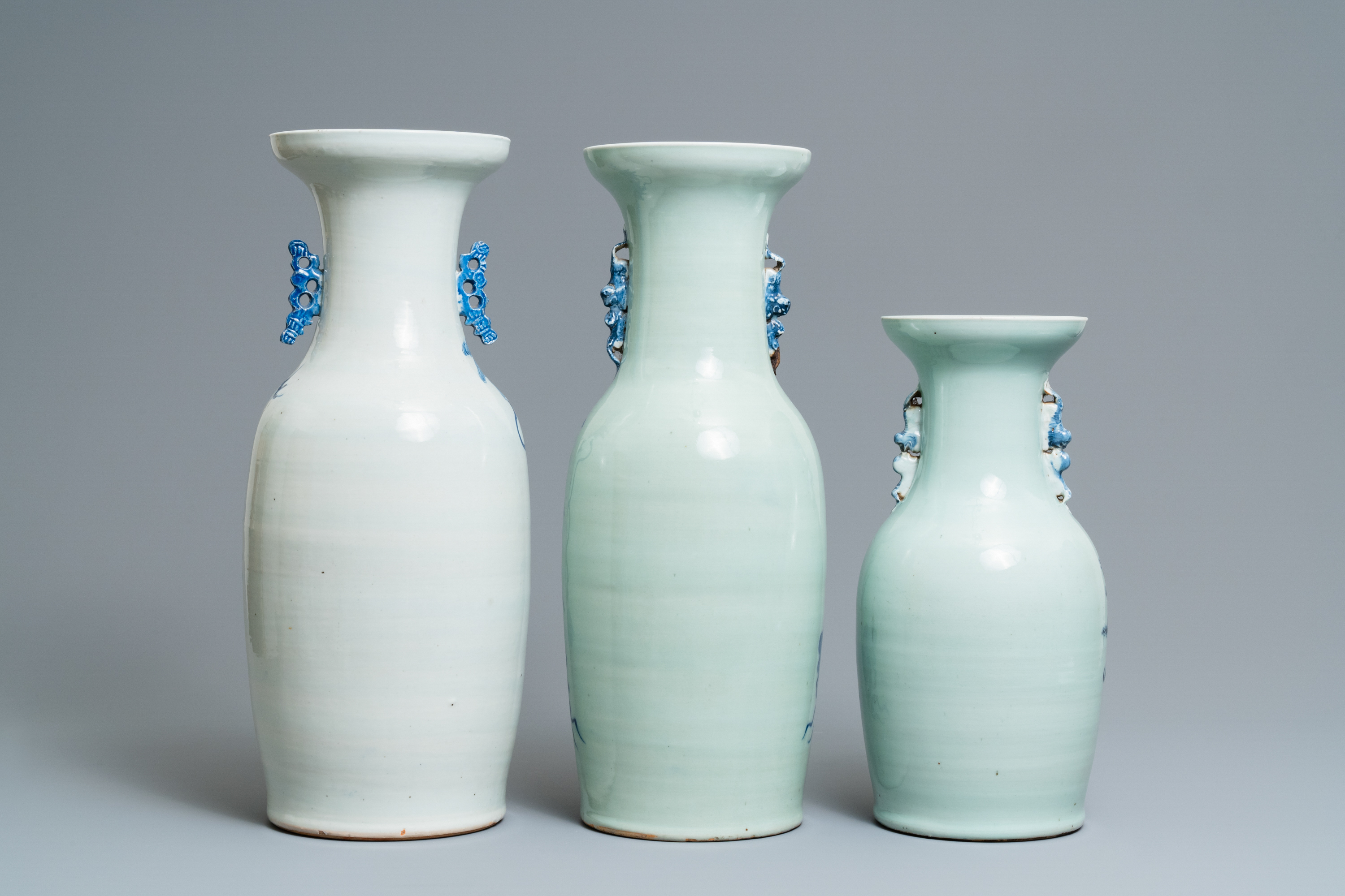 Three Chinese blue and white and celadon-ground 'Buddhist lion' vases, 19th C. - Image 3 of 6