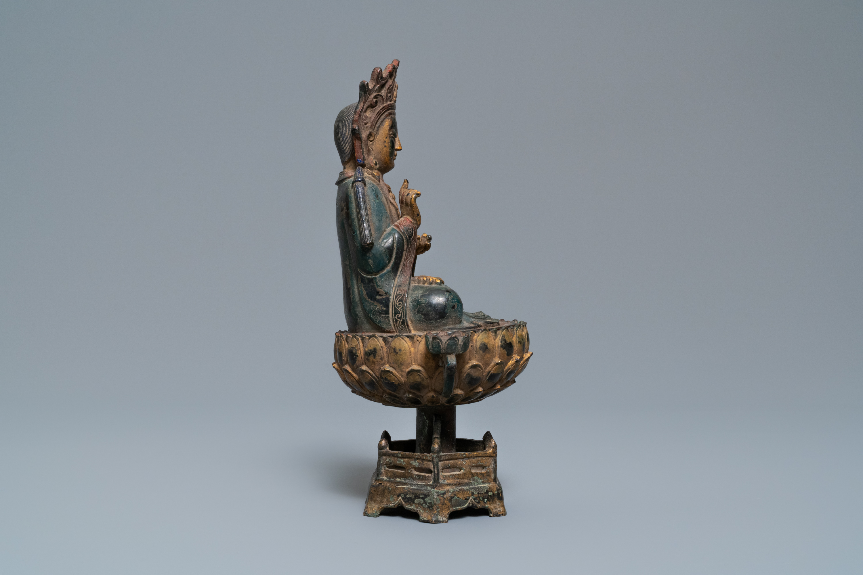 A Chinese polychrome and gilt bronze figure of Buddha on a lotus throne, Qing - Image 3 of 7