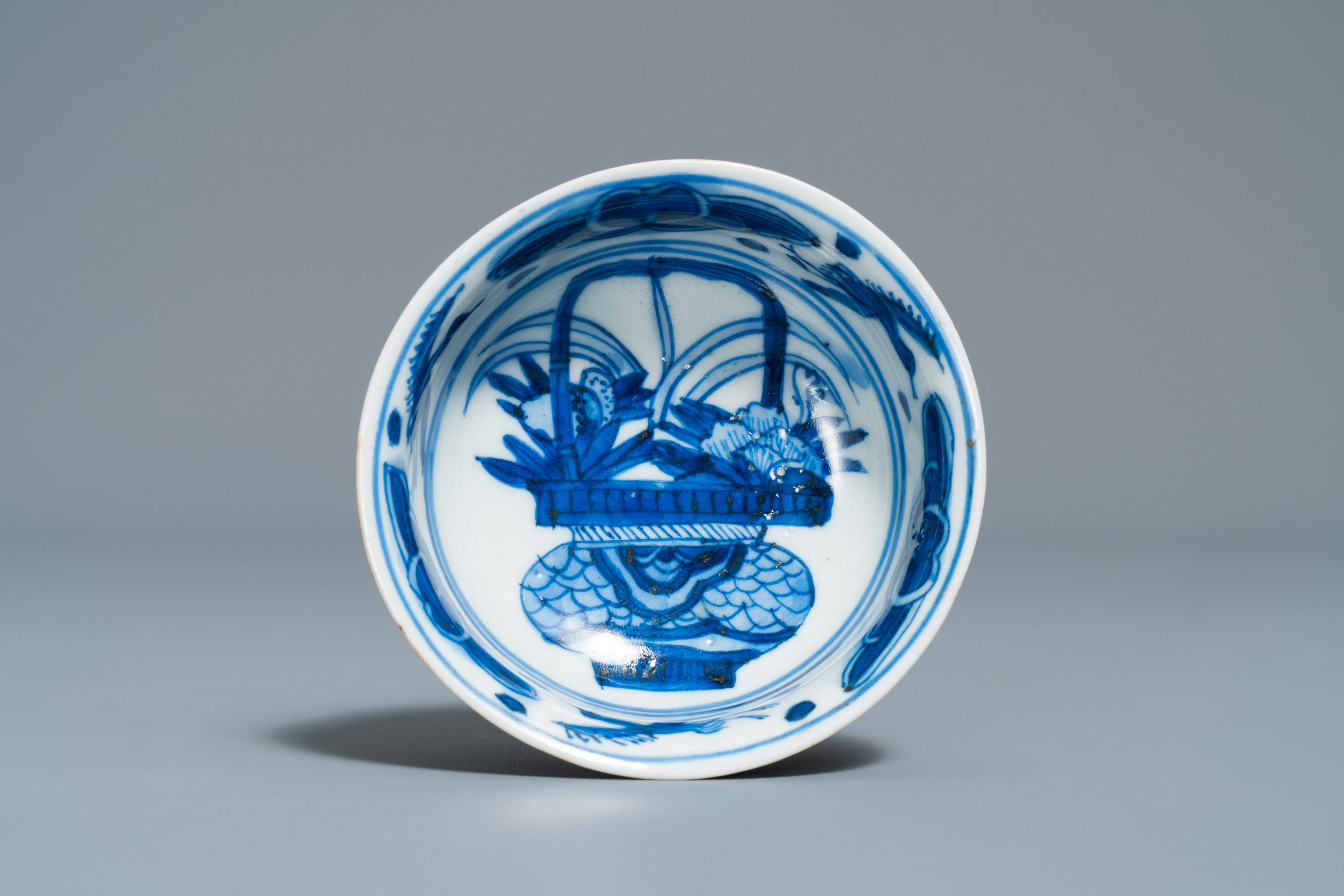 A rare deep Chinese blue and white kraak porcelain bowl with 'egret' mark, Wanli