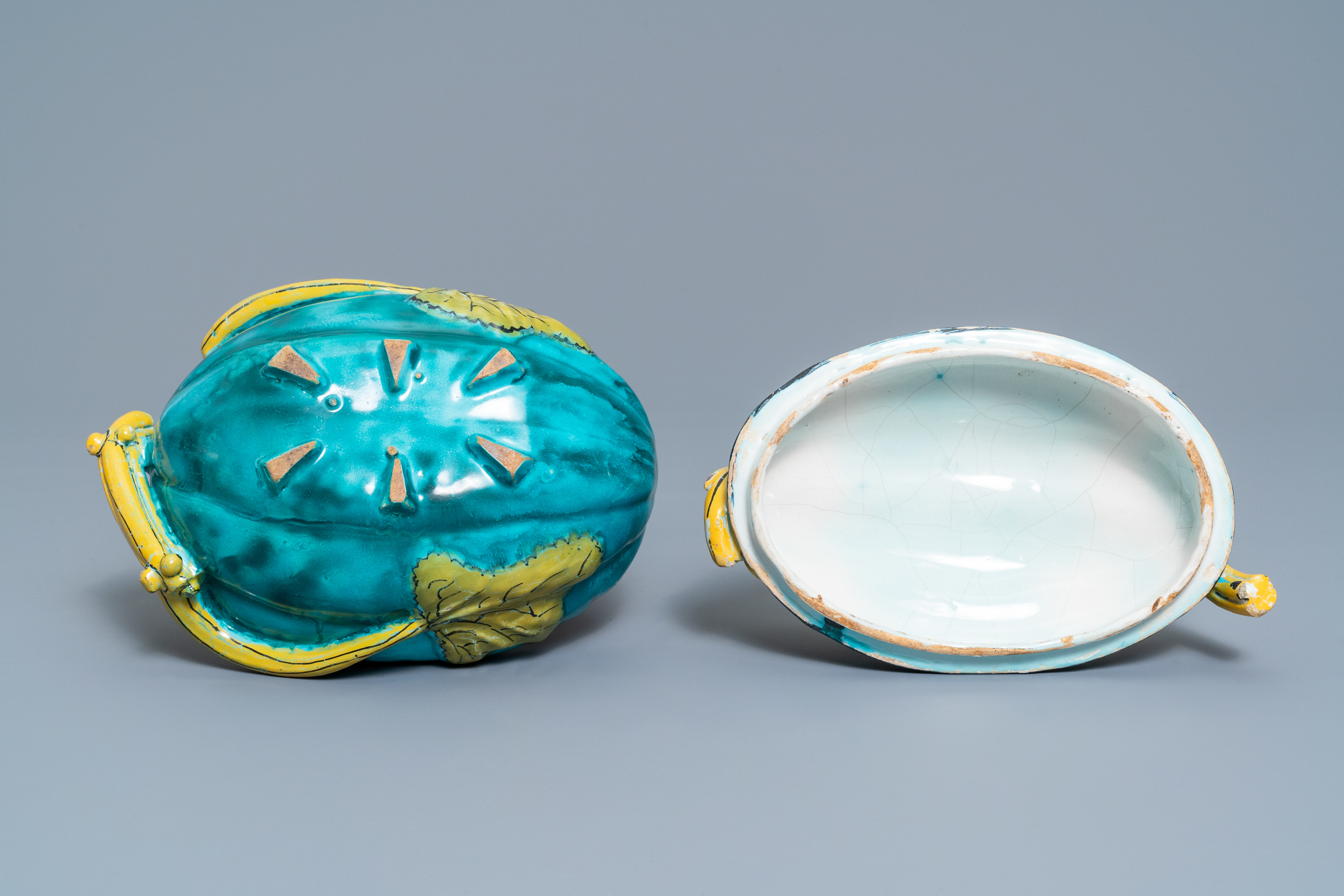 A polychrome Brussels faience melon-shaped tureen and cover, 18th C. - Image 7 of 7